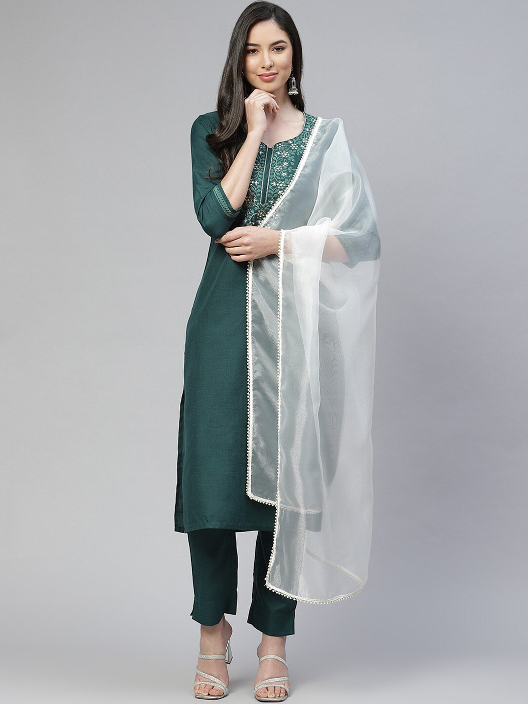 Cottinfab Ethnic Motifs Yoke Design Mirror Work Kurta With Trousers & Dupatta, Green
Cottinfab Ethnic Motifs Yoke Design Mirror Work Kurta With Trousers & Dupatta, Green