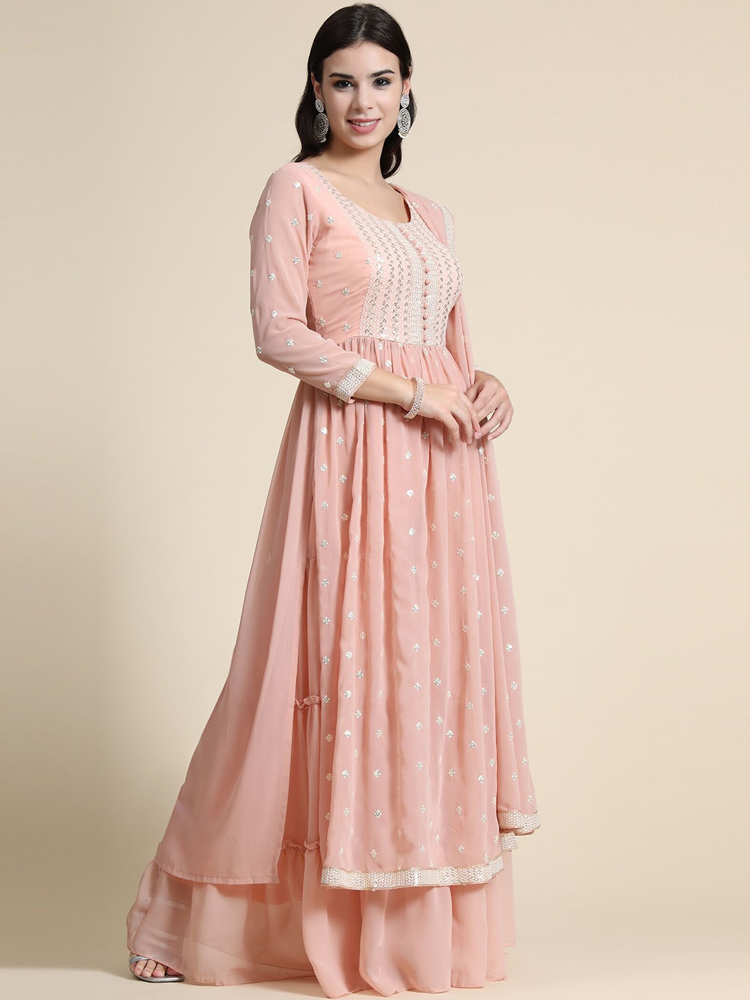 KALINI Ethnic Motifs Embroidered Regular Sequinned Kurta With Sharara & Dupatta, Peach
KALINI Ethnic Motifs Embroidered Regular Sequinned Kurta With Sharara & Dupatta, Peach