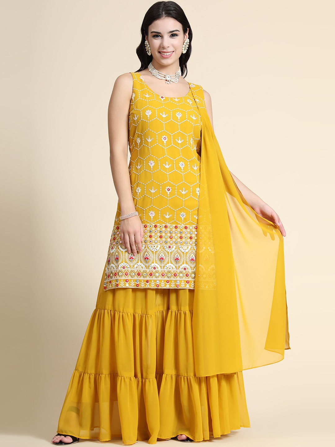 KALINI Ethnic Motifs Embroidered Thread Work Kurta With Sharara & Dupatta, Mustard
KALINI Ethnic Motifs Embroidered Thread Work Kurta With Sharara & Dupatta, Mustard