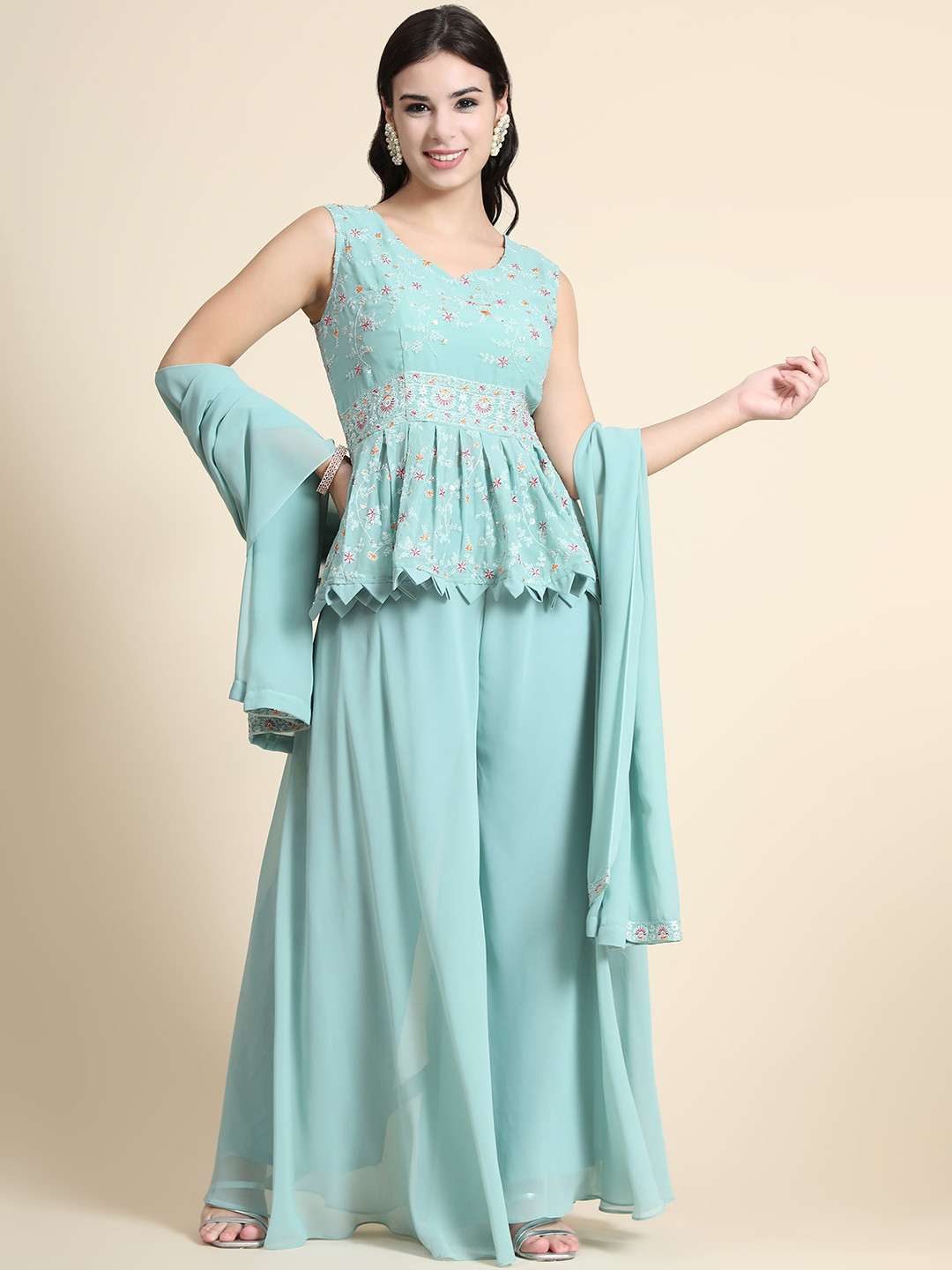 KALINI Ethnic Motifs Embroidered V Neck Thread Work Kurti With Palazzos & Dupatta, Turquoise blue
KALINI Ethnic Motifs Embroidered V Neck Thread Work Kurti With Palazzos & Dupatta, Turquoise blue