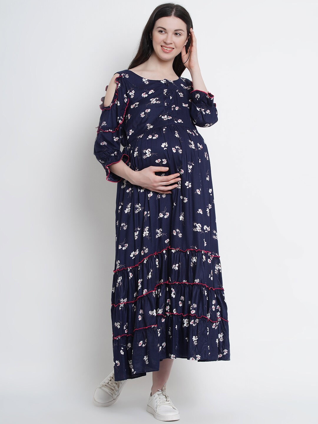 SIDE KNOT Floral Printed Boat Neck Cold-Shoulder Maternity Maxi Fit & Flare Dress, Navy blue
SIDE KNOT Floral Printed Boat Neck Cold-Shoulder Maternity Maxi Fit & Flare Dress, Navy blue