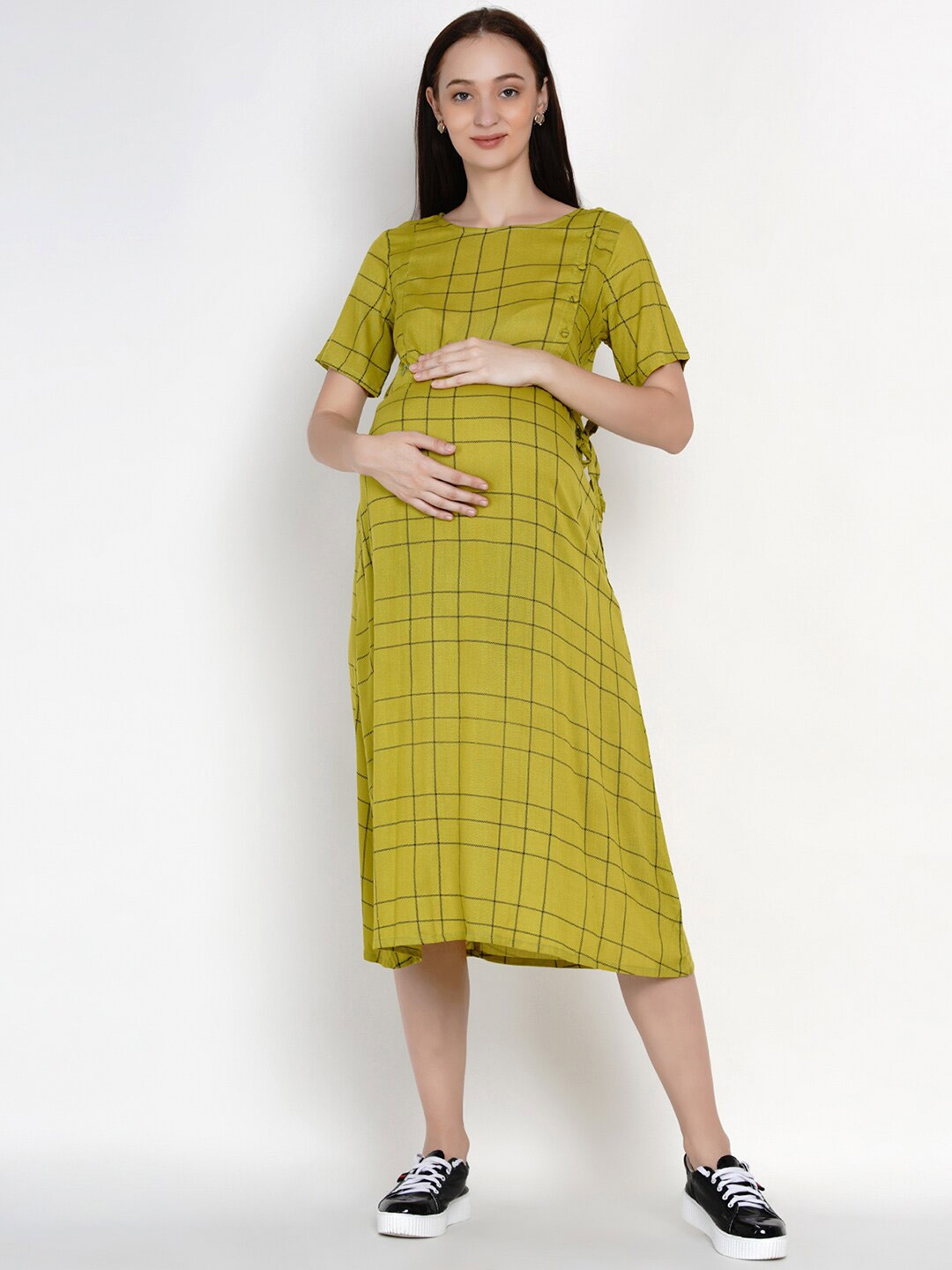 SIDE KNOT Checked A-Line Maternity Midi Dress, Green
