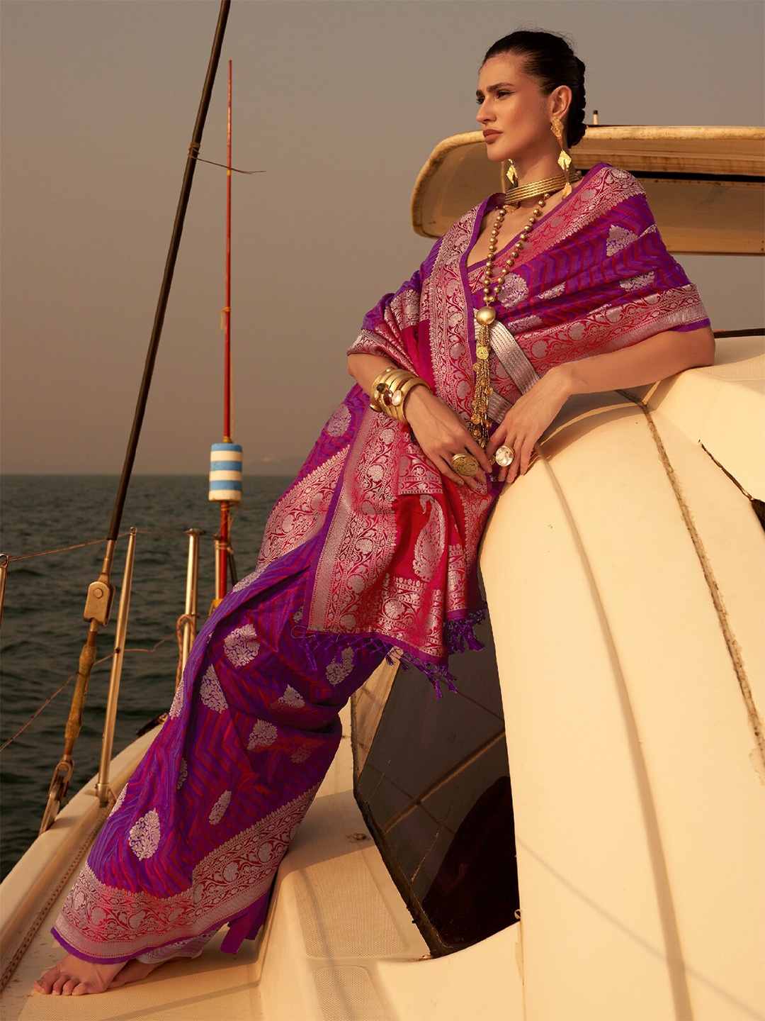 ODETTE Floral Woven Design Zari Saree, Purple