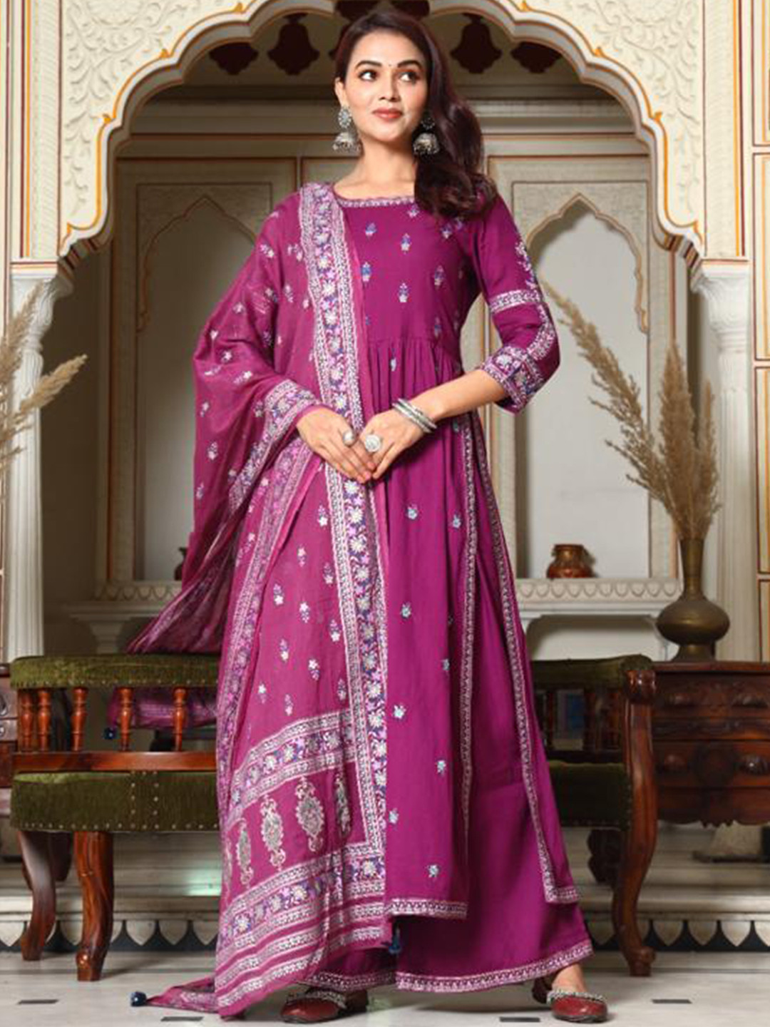 Ramas Floral Embroidered Pure Cotton Kurta with Palazzos & With Dupatta, Purple
Ramas Floral Embroidered Pure Cotton Kurta with Palazzos & With Dupatta, Purple