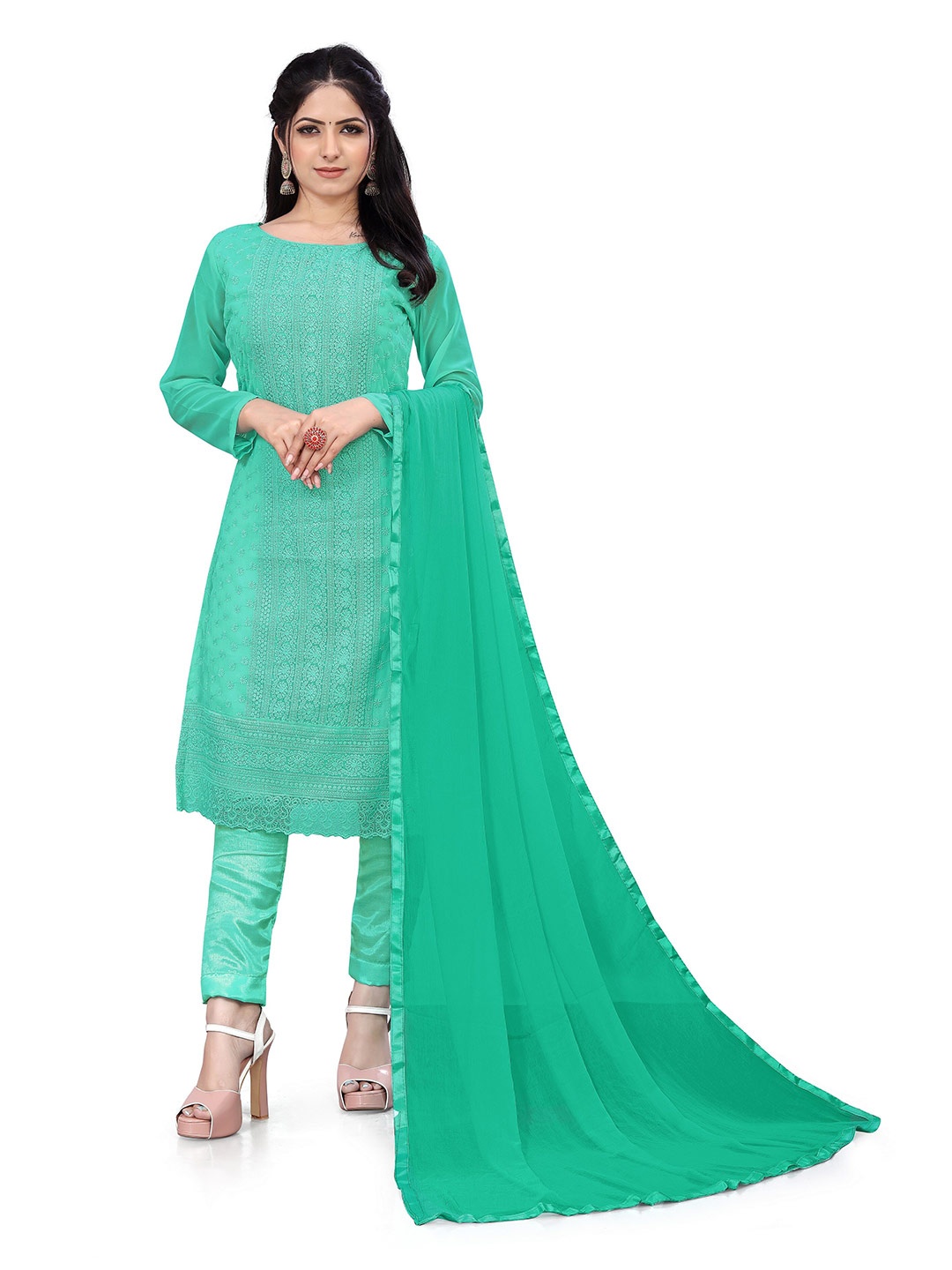 Winza Designer Georgette Unstitched Dress Material, Turquoise blue