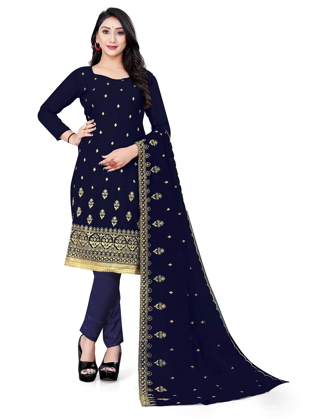 Winza Designer Embroidered Georgette Unstitched Dress Material, Navy blue