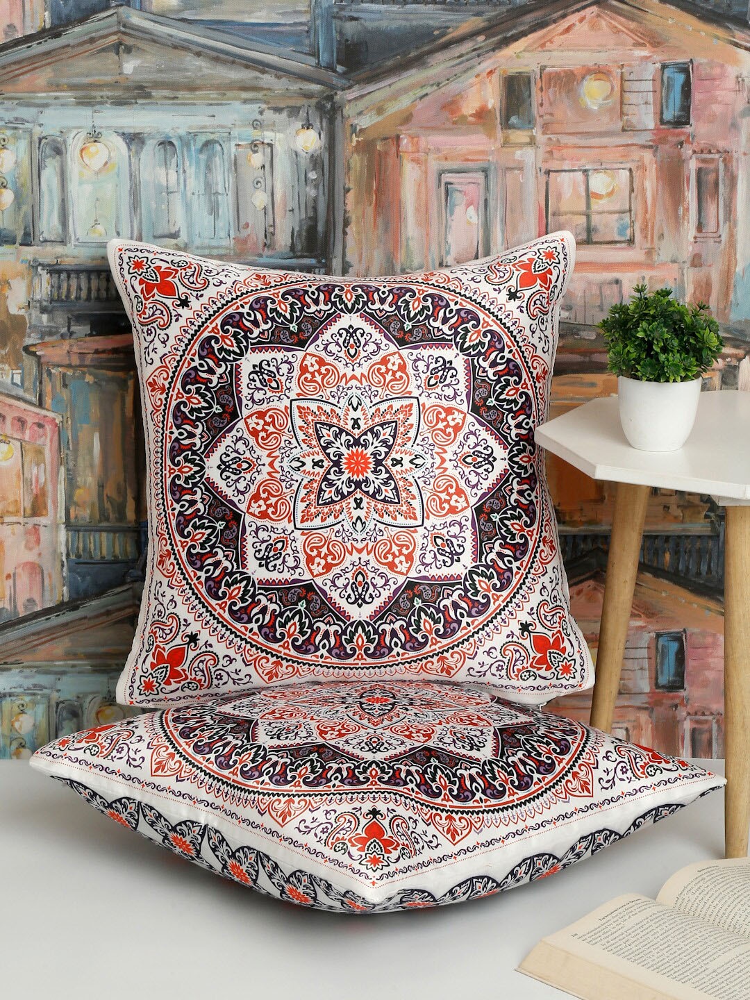 Alina decor Orange & Blue 2 Pieces Ethnic Motifs Square Cushion Covers