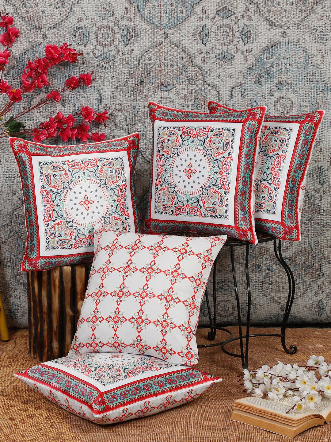 Alina decor Red & White 5 Pieces Ethnic Motifs Square Cushion Covers