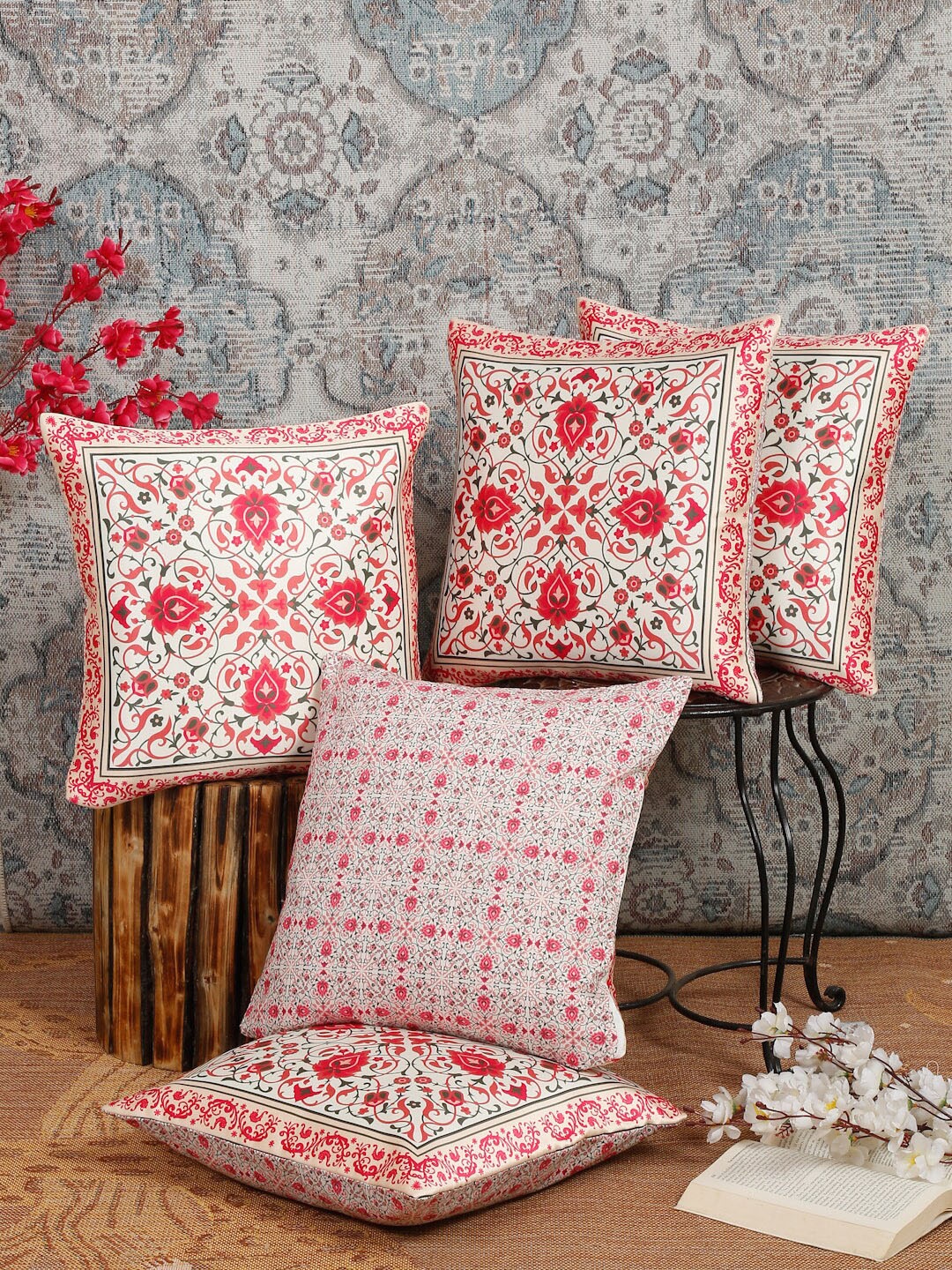 Alina decor Pink & Beige 5 Pieces Ethnic Motifs Square Cushion Covers
