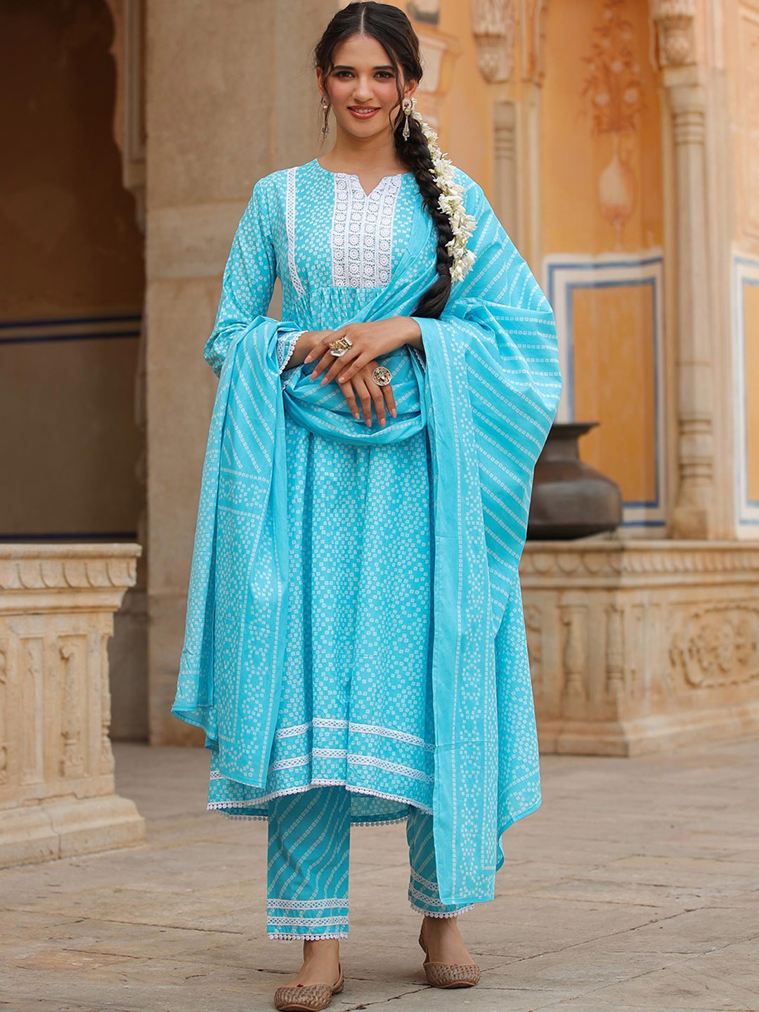 SCAKHI Bandhani Printed Pleated Thread Work Pure Cotton Kurta with Trousers & With Dupatta, Blue
SCAKHI Bandhani Printed Pleated Thread Work Pure Cotton Kurta with Trousers & With Dupatta, Blue