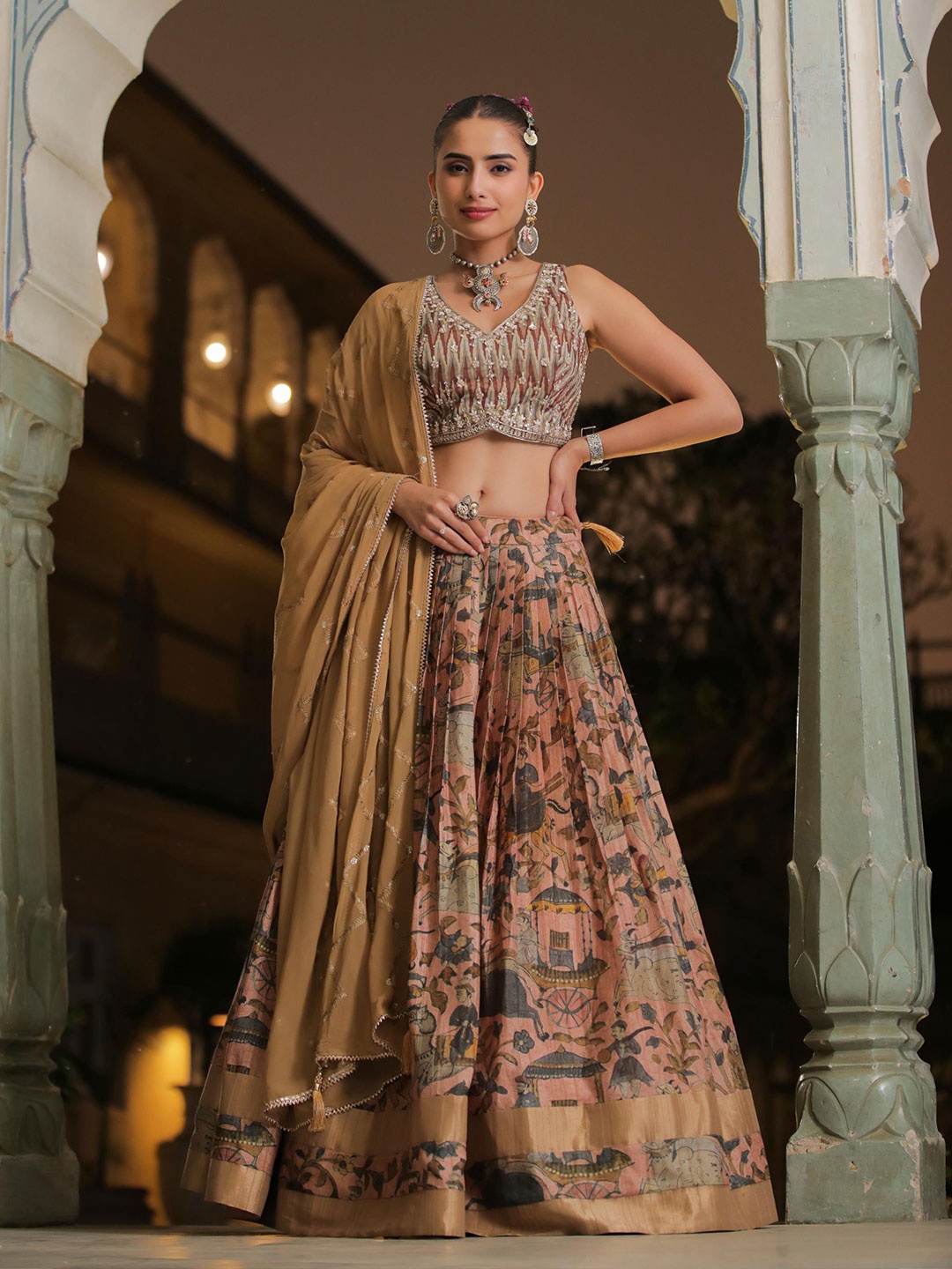 SCAKHI Embellished Beads and Stones Kalamkari Ready to Wear Lehenga & Blouse With Dupatta, Green
SCAKHI Embellished Beads and Stones Kalamkari Ready to Wear Lehenga & Blouse With Dupatta, Green
