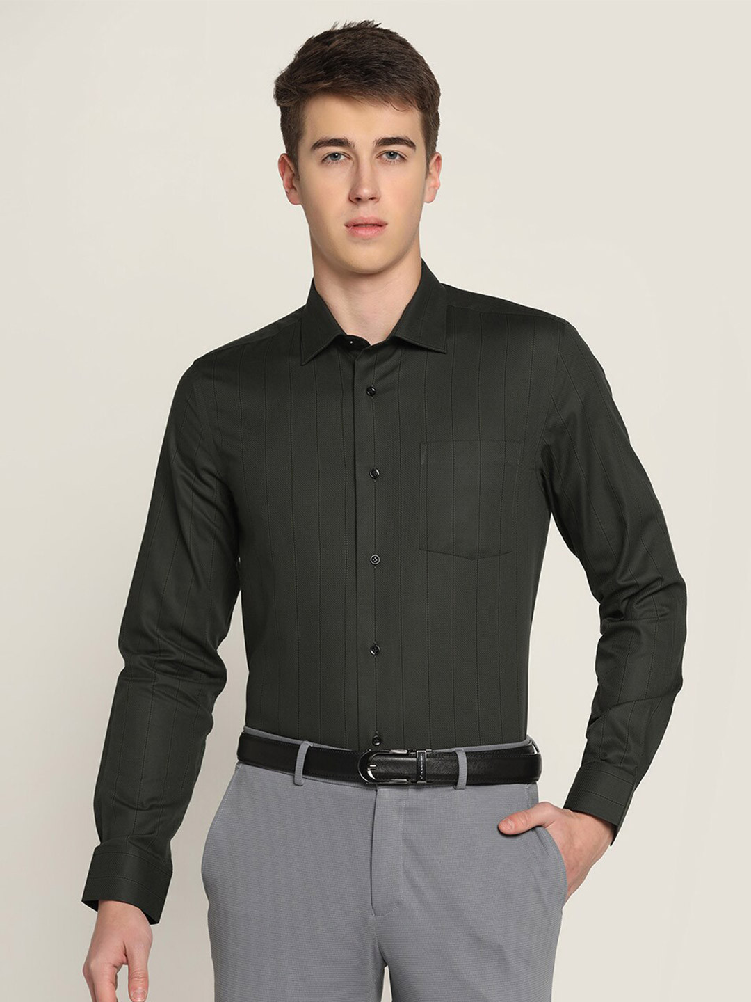 Blackberrys Self Design Slim Fit Pure Cotton Formal Shirt, Olive 
Blackberrys Self Design Slim Fit Pure Cotton Formal Shirt, Olive