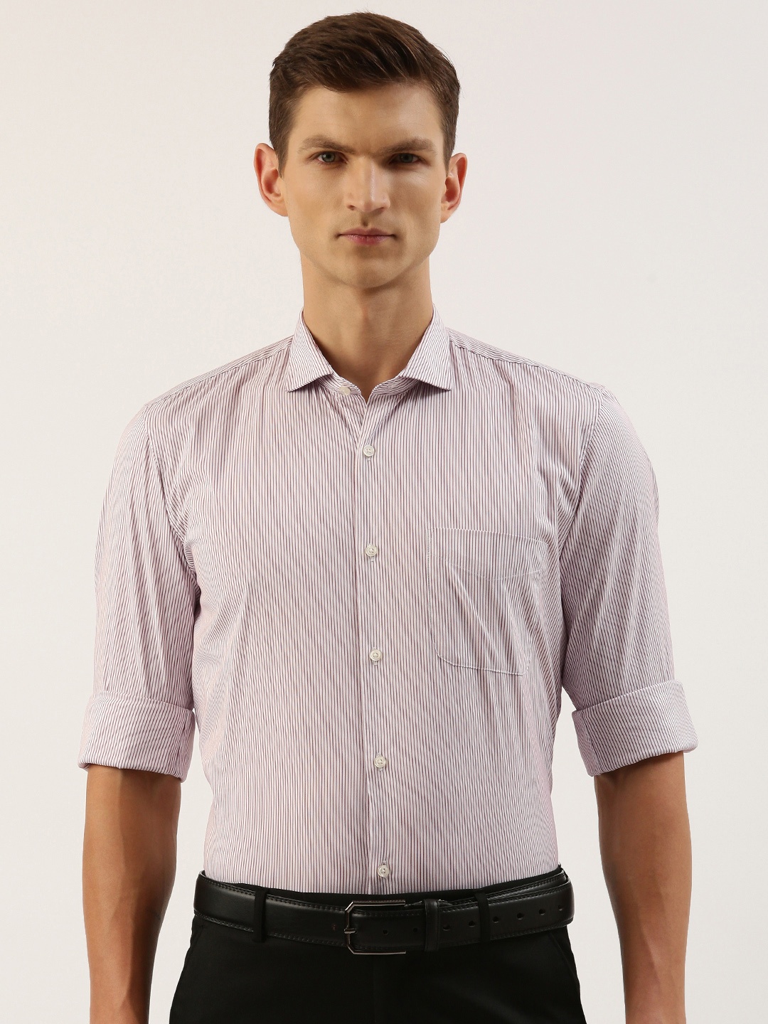 Peter England Men Slim Fit Striped Formal Shirt, White