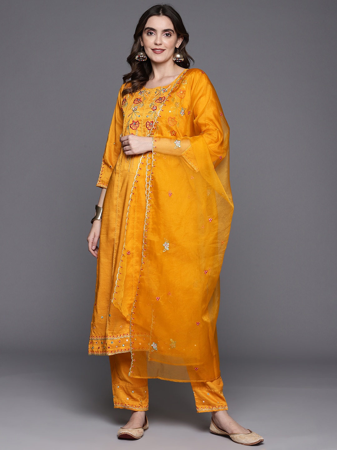 Indo Era Floral Embroidered Regular Mirror Work Kurta With Trousers & Dupatta, Yellow
Indo Era Floral Embroidered Regular Mirror Work Kurta With Trousers & Dupatta, Yellow