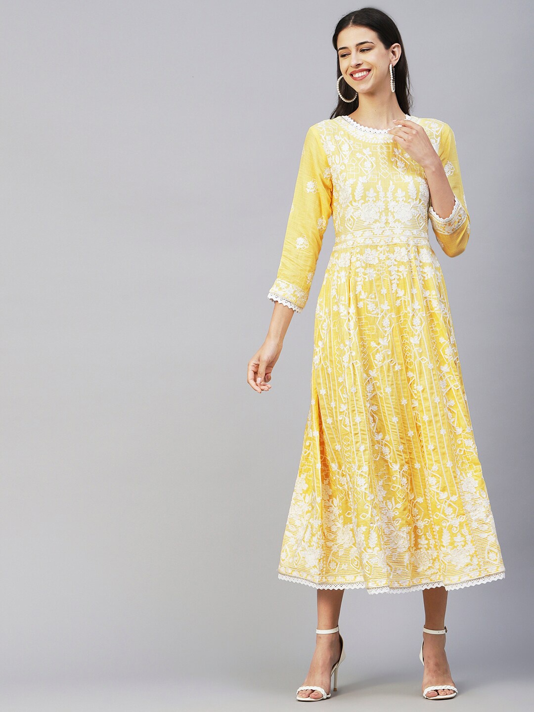 FASHOR Ethnic Motifs Print Maxi Ethnic Dress, Yellow