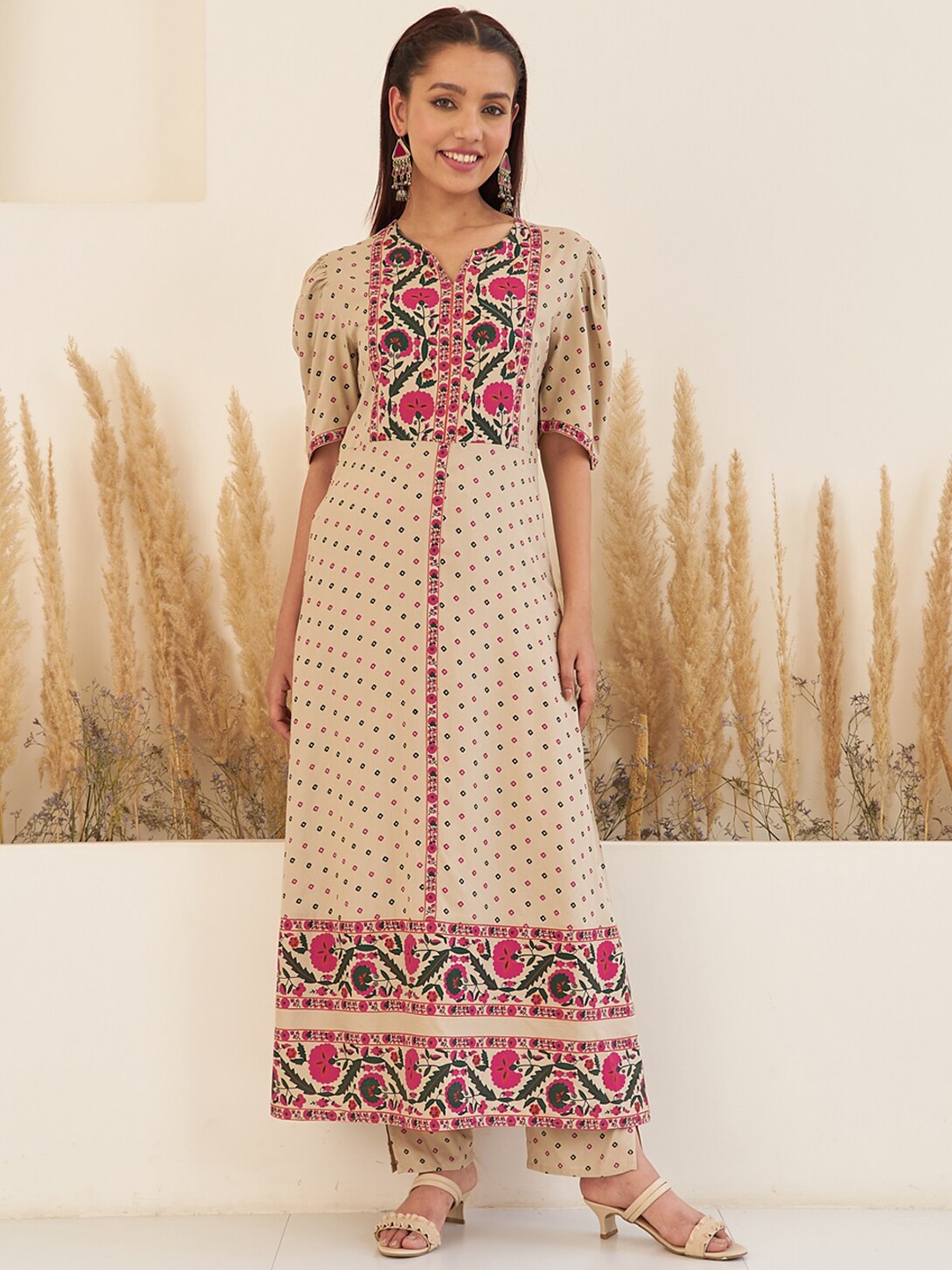 Rustorange Floral Printed Notched Neck Puff Sleeves A-Line Kurta With Trousers, Beige
Rustorange Floral Printed Notched Neck Puff Sleeves A-Line Kurta With Trousers, Beige
