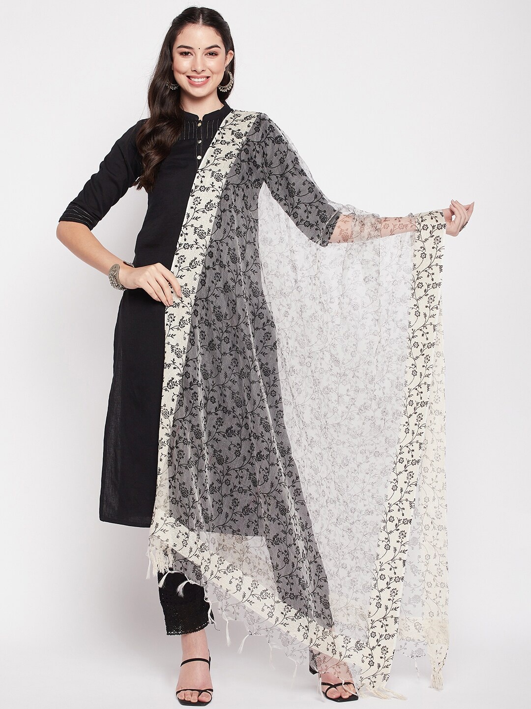 Clora Creation Floral Printed Organza Dupatta, Black