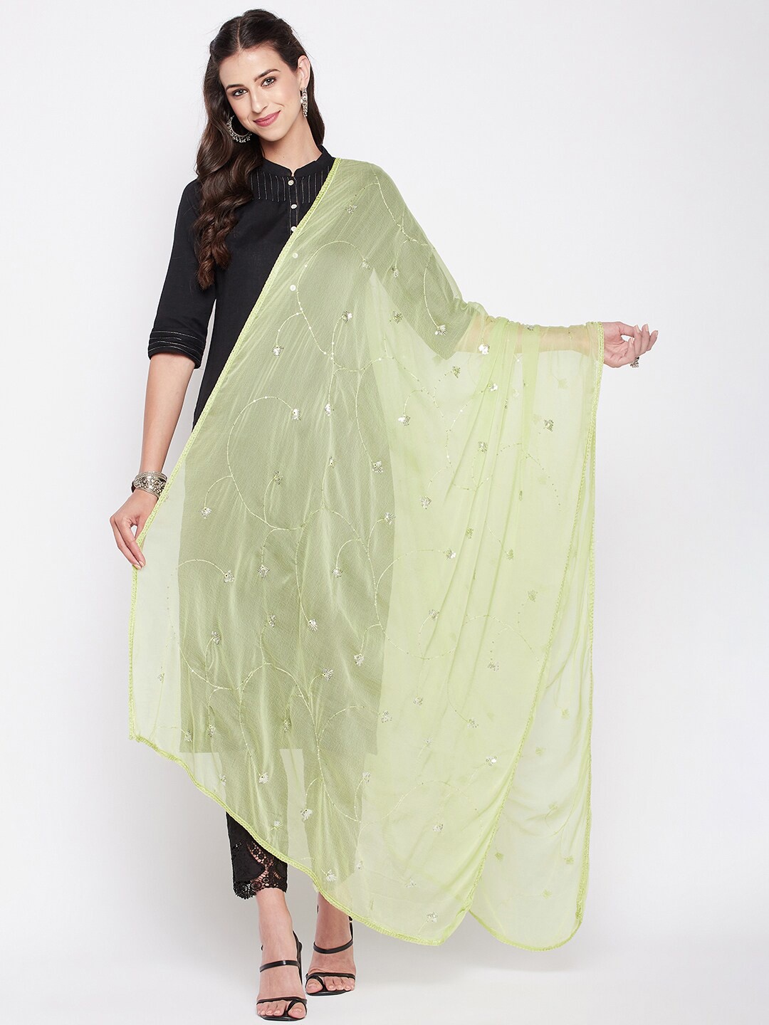 Clora Creation Embroidered Chiffon Dupatta With Sequinned, Green