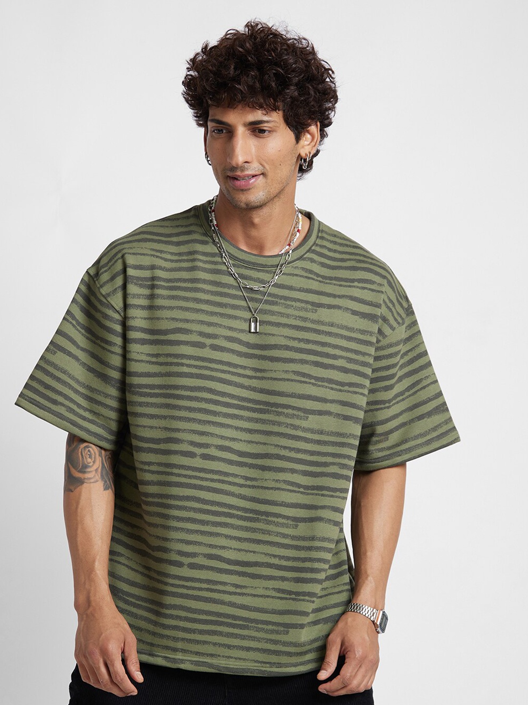 VASTRADO Striped Round Neck Oversize Fit Cotton T-shirt, Olive