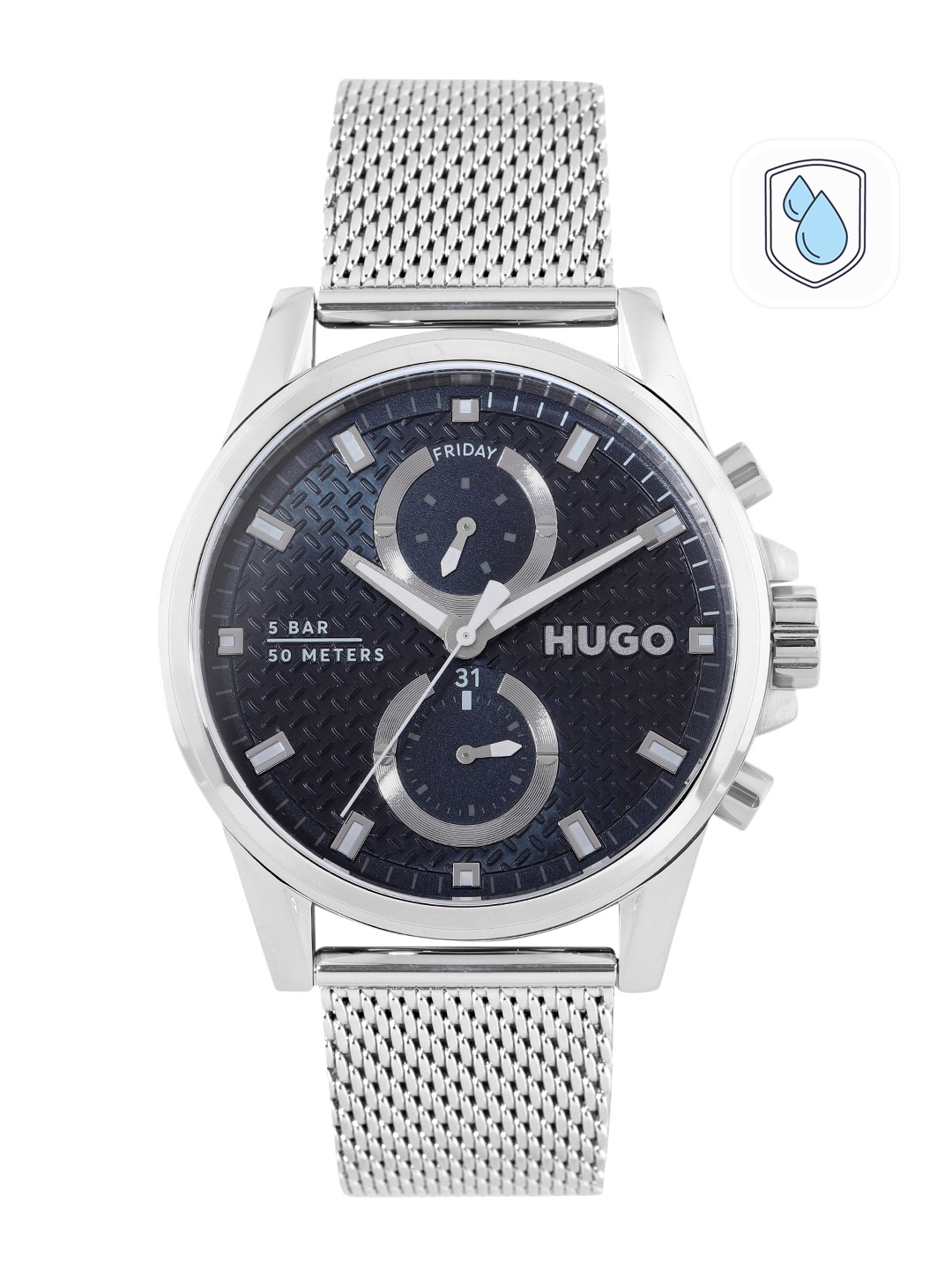 HUGO Men Patterned Dial & Stainless Steel Bracelet Style Straps Analogue Watch 1530316, Navy blue
HUGO Men Patterned Dial & Stainless Steel Bracelet Style Straps Analogue Watch 1530316, Navy blue