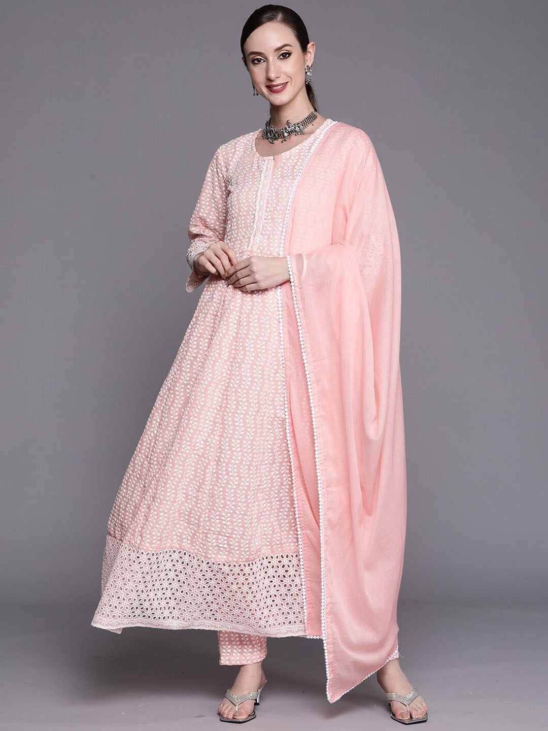 Indo Era Peach-Coloured Ethnic Motif Embroidered Anarkali Kurta with Trousers & Dupatta
Indo Era Peach-Coloured Ethnic Motif Embroidered Anarkali Kurta with Trousers & Dupatta