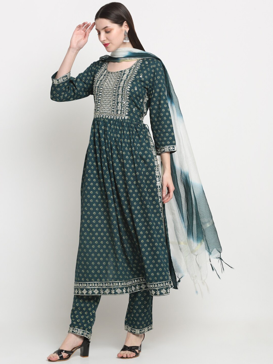 KALINI Ethnic Motifs Printed Thread Work High Slit A-Line Kurta with Trousers & Dupatta, Green
KALINI Ethnic Motifs Printed Thread Work High Slit A-Line Kurta with Trousers & Dupatta, Green