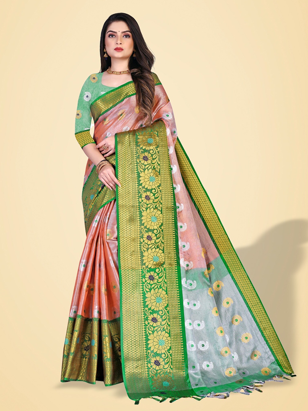 N N ENTERPRISE Ethnic Motif Silk Cotton Kanjeevaram Zari Saree With Blouse Piece, Peach
N N ENTERPRISE Ethnic Motif Silk Cotton Kanjeevaram Zari Saree With Blouse Piece, Peach