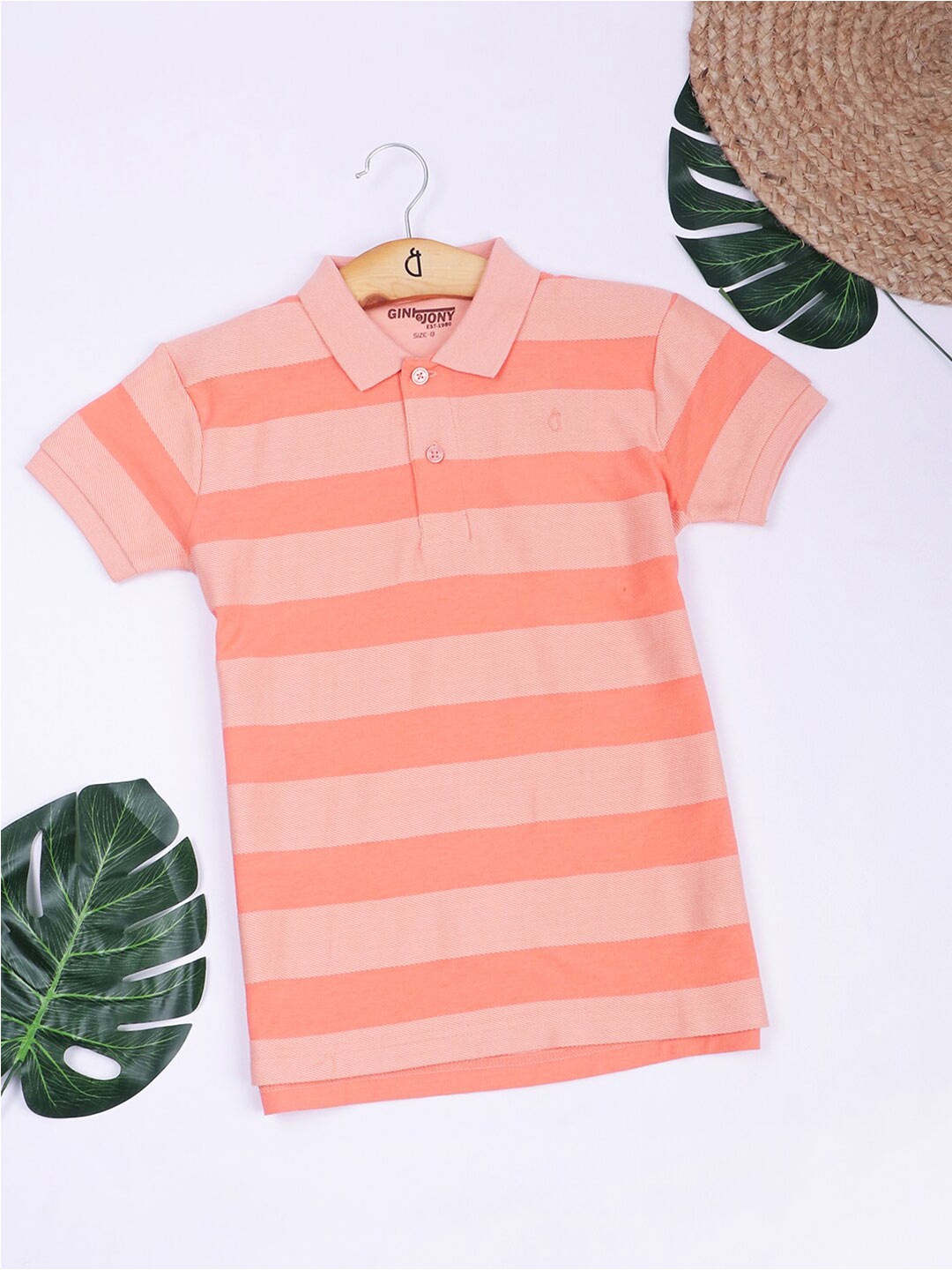 Gini and Jony Boys Striped Polo Collar Cotton T-shirt, Coral