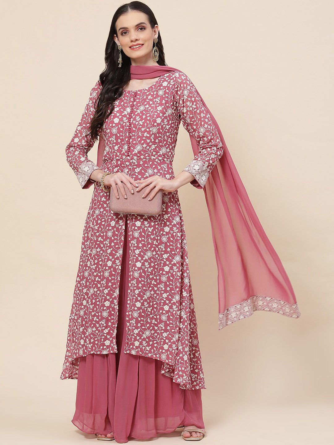 Meena Bazaar Floral Embroidered Front Slit Georgette Kurta With Palazzos & With Dupatta, Pink
Meena Bazaar Floral Embroidered Front Slit Georgette Kurta With Palazzos & With Dupatta, Pink