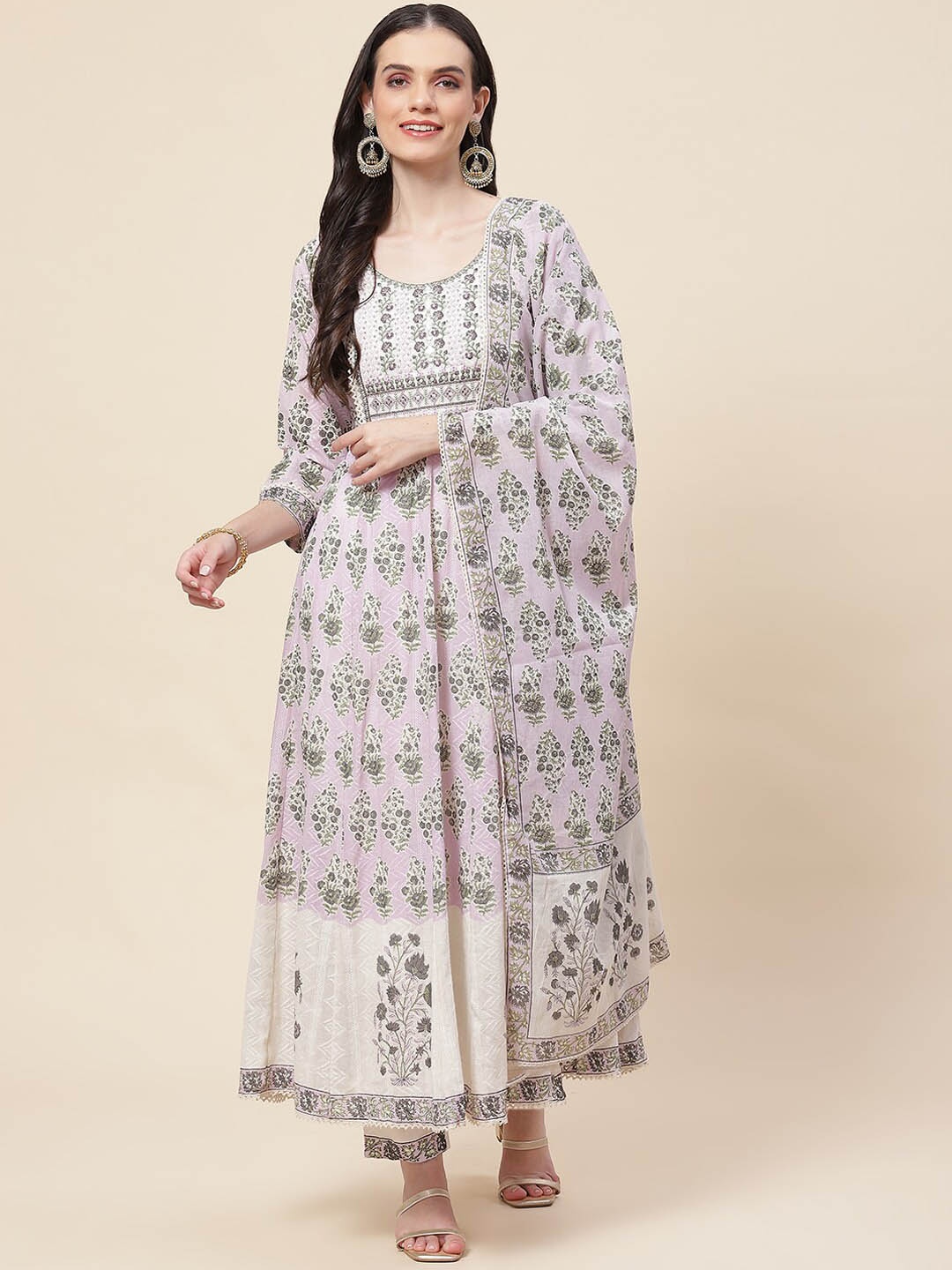 Meena Bazaar Floral Printed Thread Work Anarkali Kurta With Trousers & Dupatta, Purple
Meena Bazaar Floral Printed Thread Work Anarkali Kurta With Trousers & Dupatta, Purple