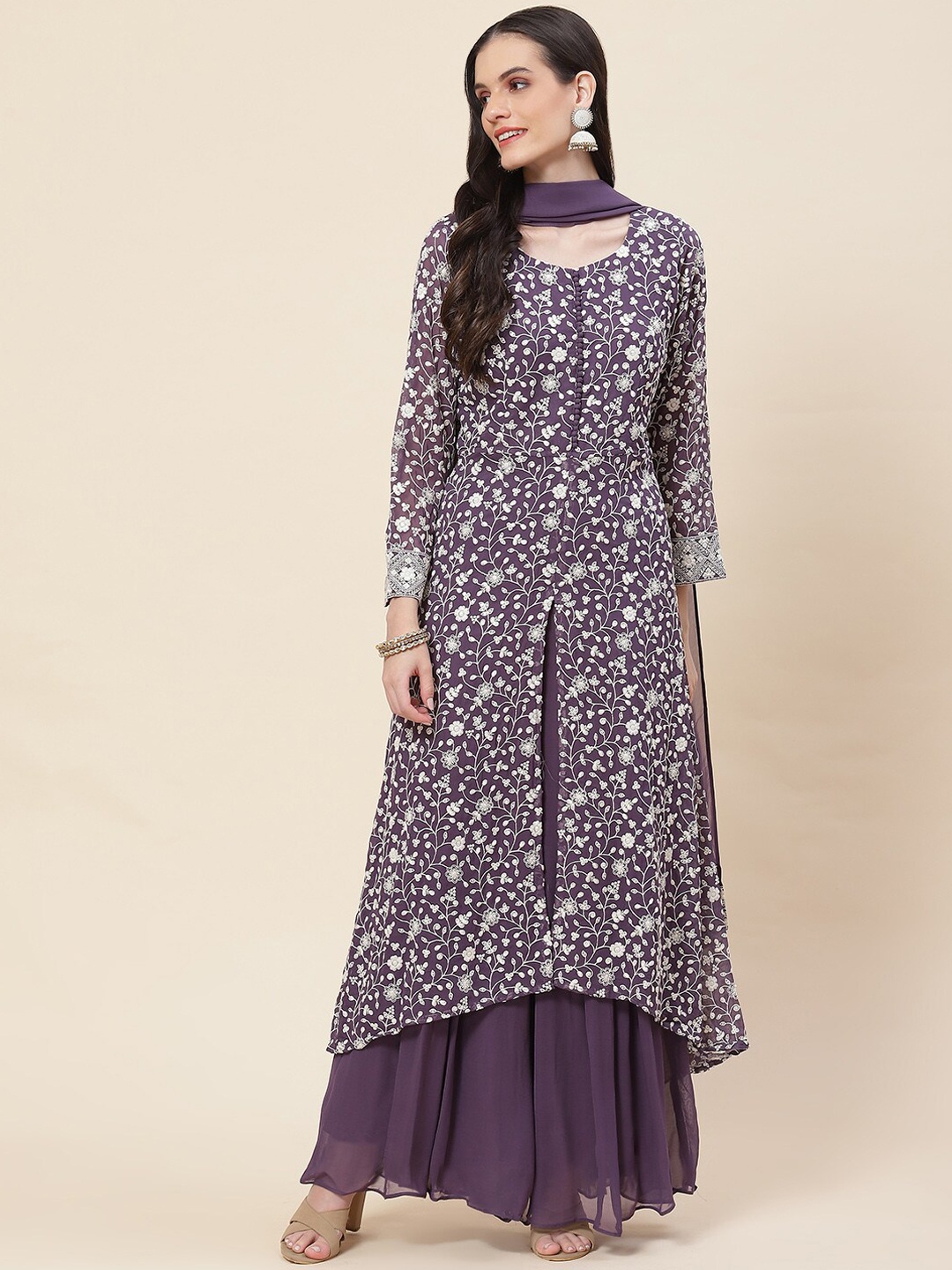 Meena Bazaar Embroidered Georgette A-Line Kurta with Palazzos & With Dupatta, Purple
Meena Bazaar Embroidered Georgette A-Line Kurta with Palazzos & With Dupatta, Purple