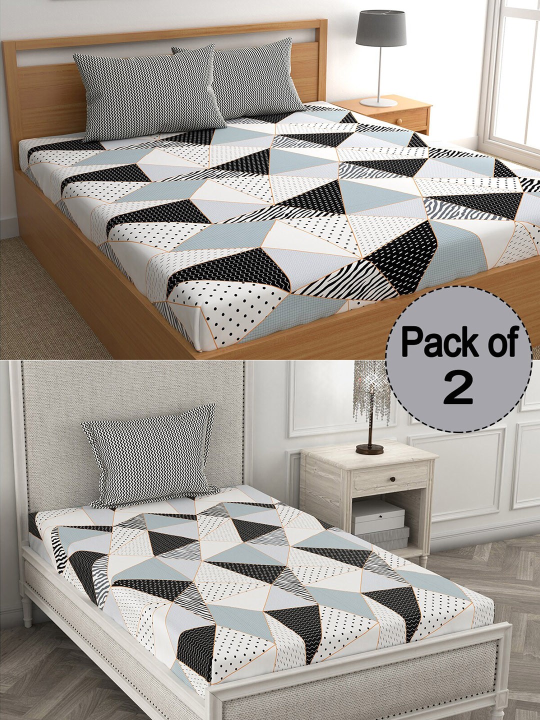 CHHAVI INDIA Black & Grey Geometric Printed 210 TC 2 Bedsheet Set With 3 Pillow Covers
CHHAVI INDIA Black & Grey Geometric Printed 210 TC 2 Bedsheet Set With 3 Pillow Covers