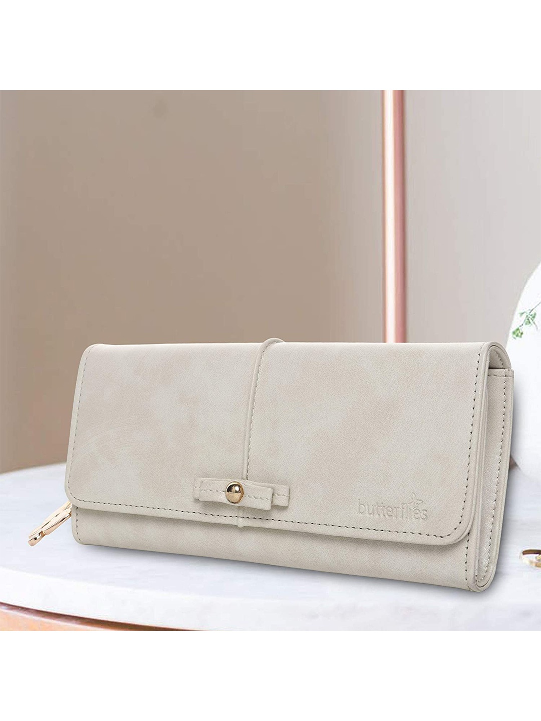 Butterflies Women Two Fold Wallet, Cream