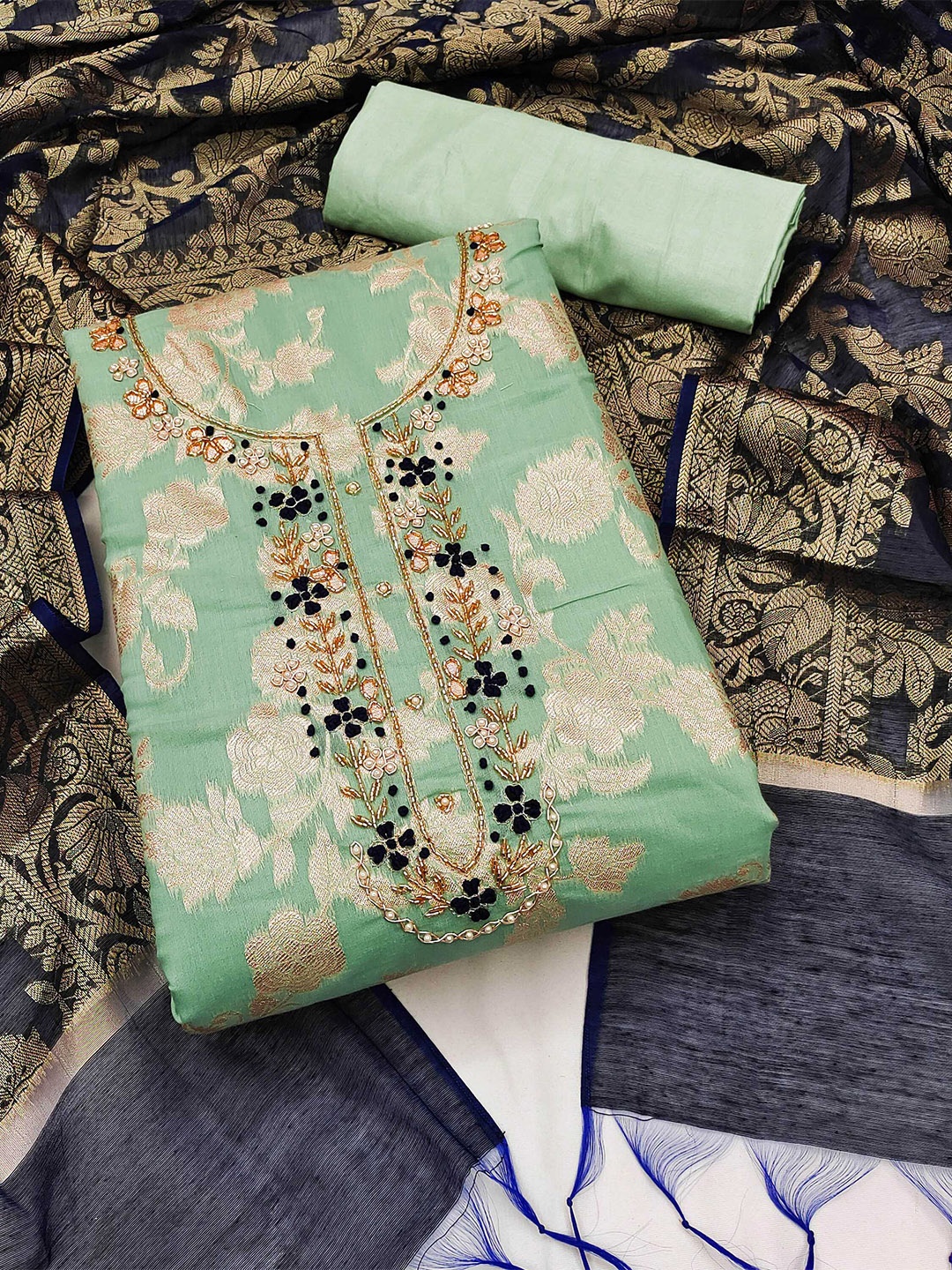KALINI Embroidered Beads & Stones Banarasi Jacquard Unstitched Dress Material, Lime green
KALINI Embroidered Beads & Stones Banarasi Jacquard Unstitched Dress Material, Lime green