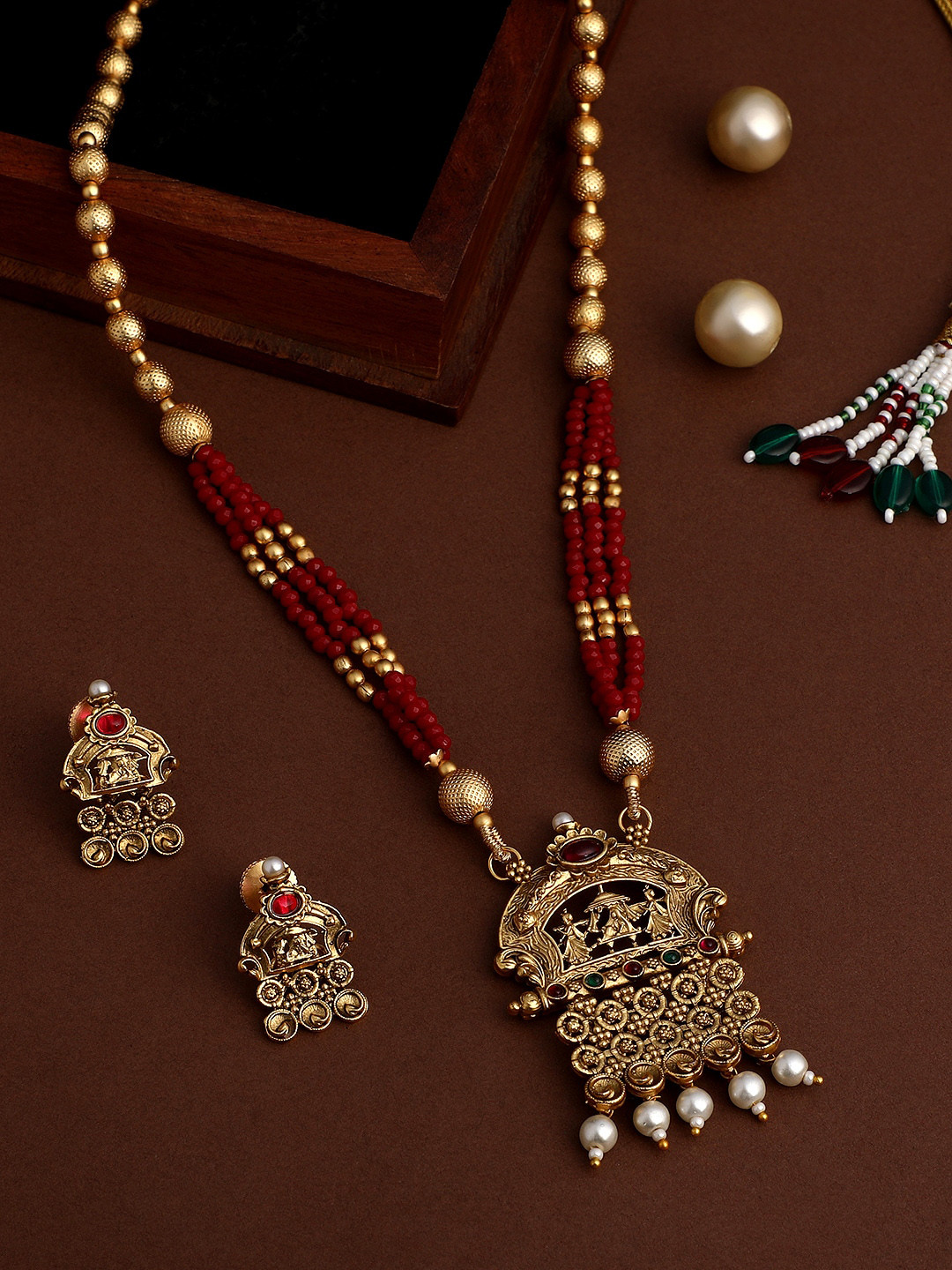 ASMITTA JEWELLERY Gold-Plated Stone-Studded & Beaded Necklace and Earrings 
ASMITTA JEWELLERY Gold-Plated Stone-Studded & Beaded Necklace and Earrings