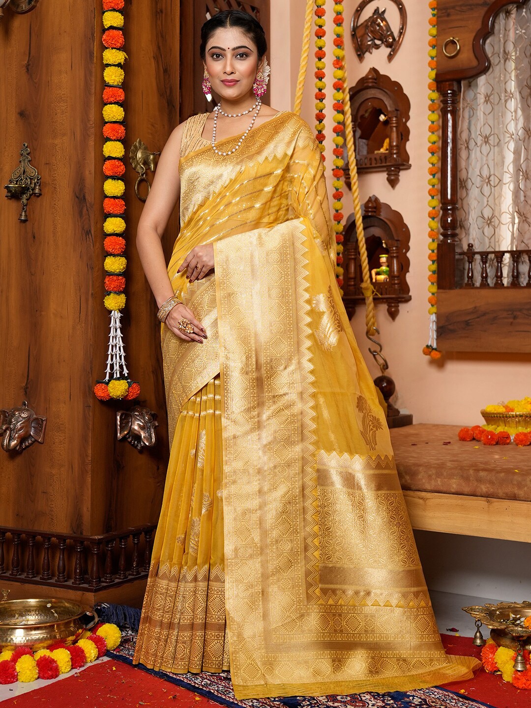 KARAGIRI Striped Organza Saree, Yellow