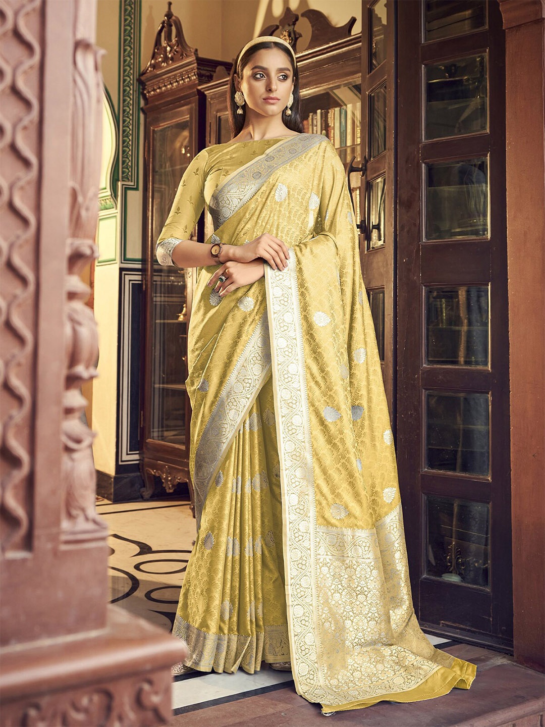 ODETTE Woven Design Zari Saree, Yellow