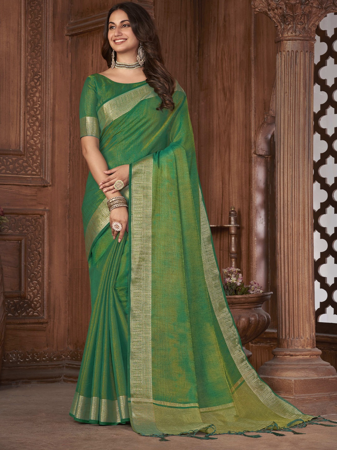 elora Zari Tissue Bhagalpuri Saree, Green