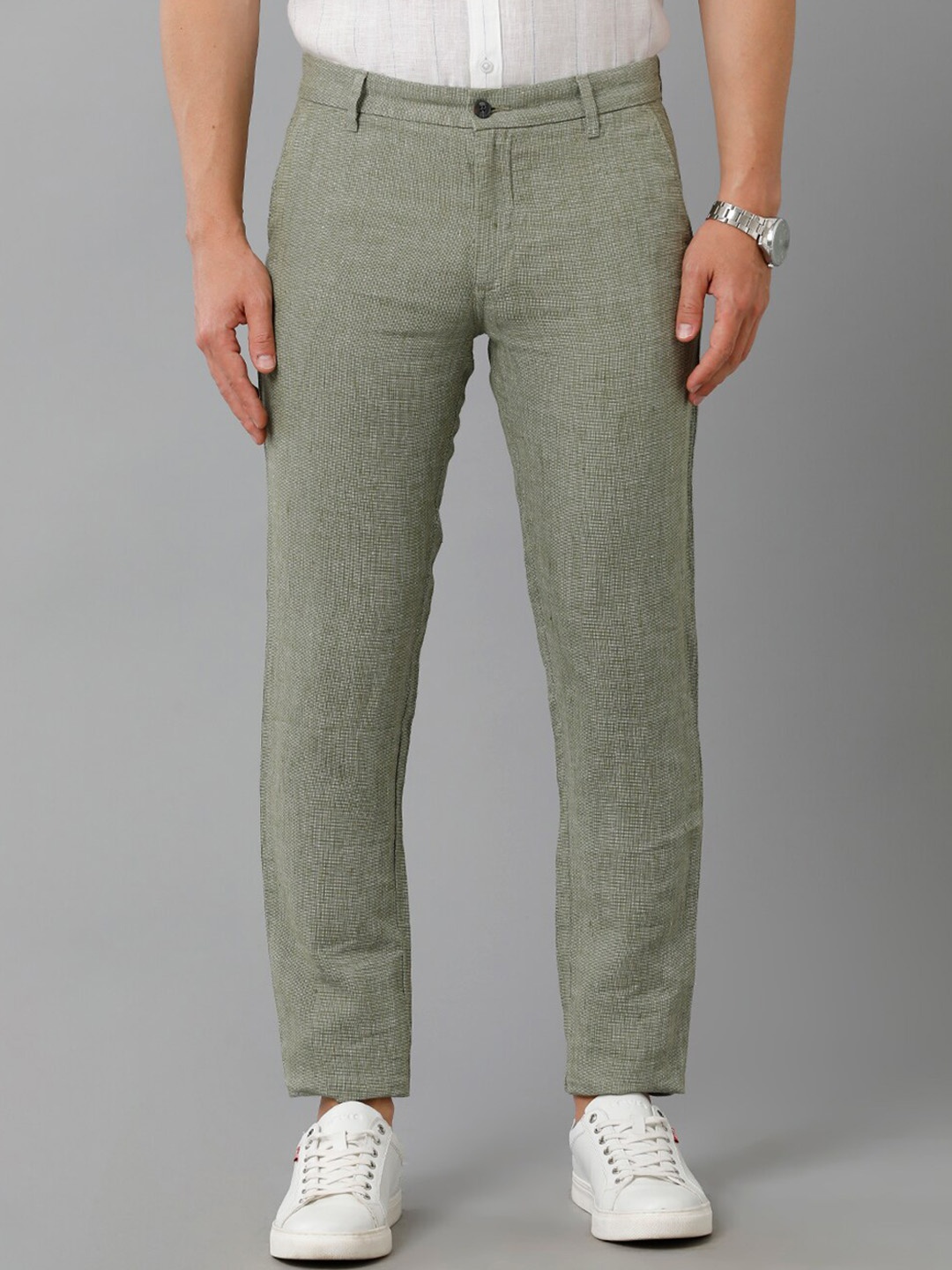Linen Club Slim Fit Mid-Rise Pure Linen Trousers, Green