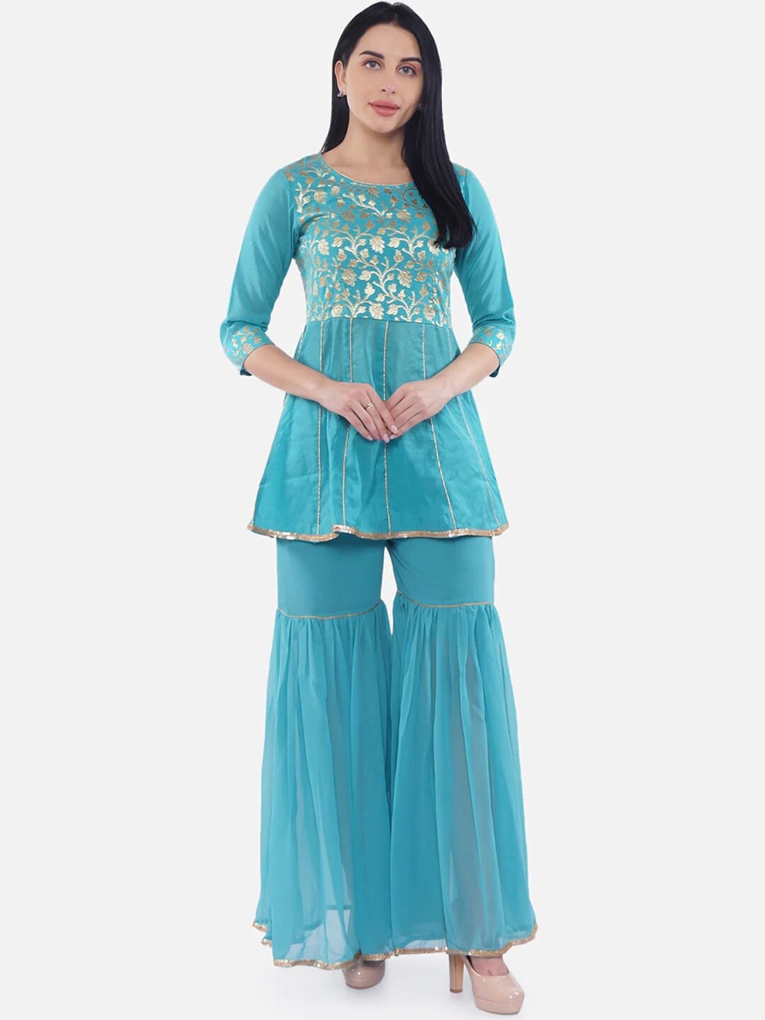 Be Indi Floral Woven design Brocade A-Line Chanderi Silk Top with Sharara, Turquoise blue
Be Indi Floral Woven design Brocade A-Line Chanderi Silk Top with Sharara, Turquoise blue