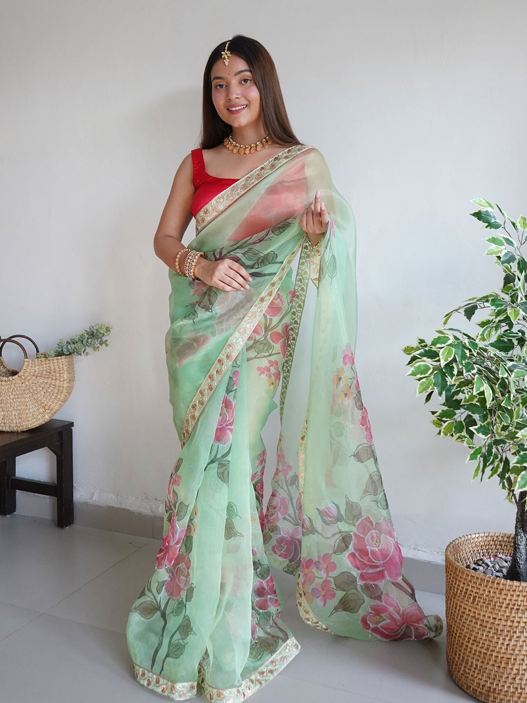 Exclusiva Floral Printed Organza Saree, Green