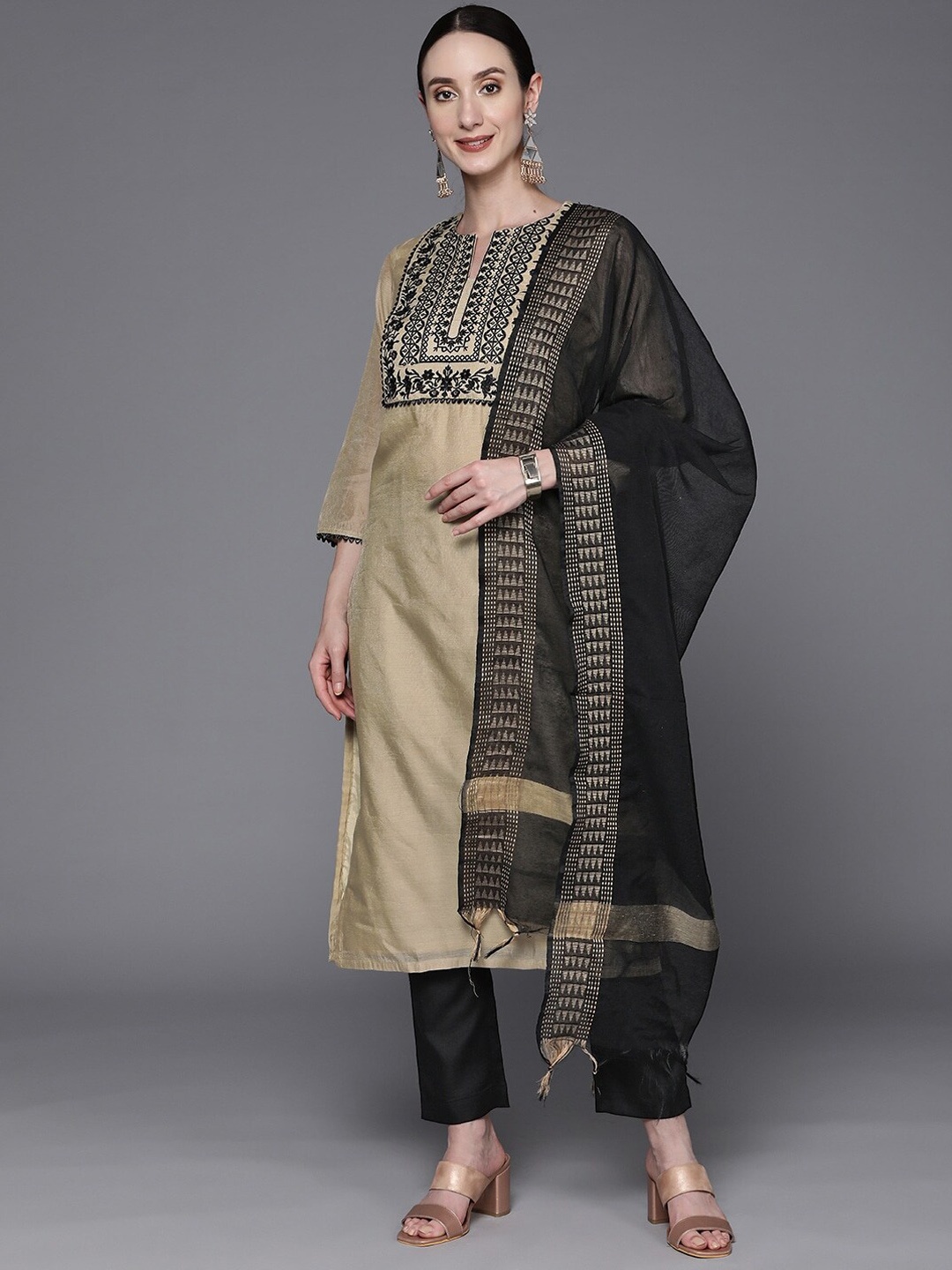 Inddus Beige & Black Yoke Design Thread Work Chanderi Cotton Kurta with Trousers & Dupatta
Inddus Beige & Black Yoke Design Thread Work Chanderi Cotton Kurta with Trousers & Dupatta