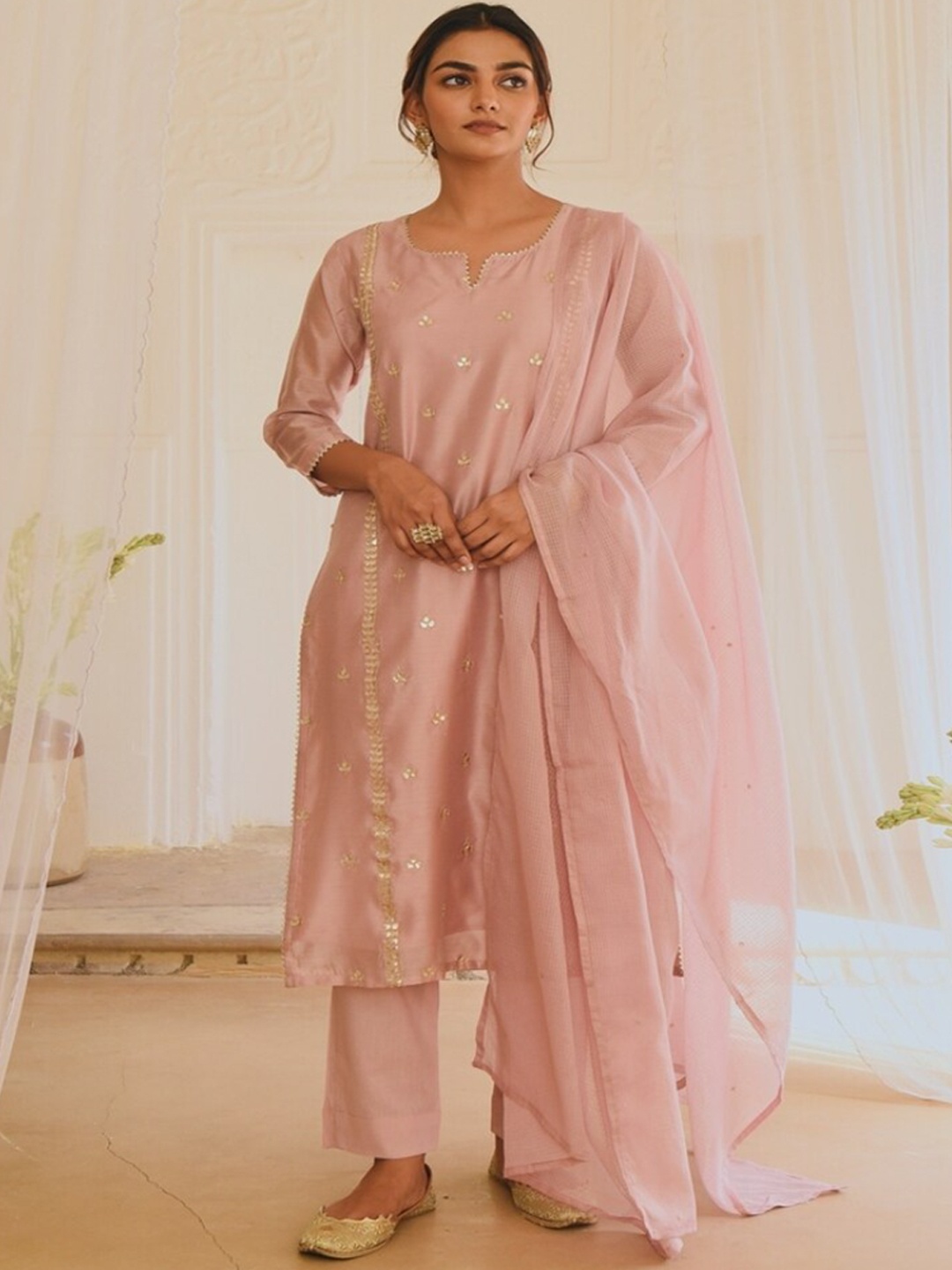 KARAJ JAIPUR Ethnic Motifs Embroidered Gotta Patti Kurta With Trousers & Dupatta, Pink
KARAJ JAIPUR Ethnic Motifs Embroidered Gotta Patti Kurta With Trousers & Dupatta, Pink