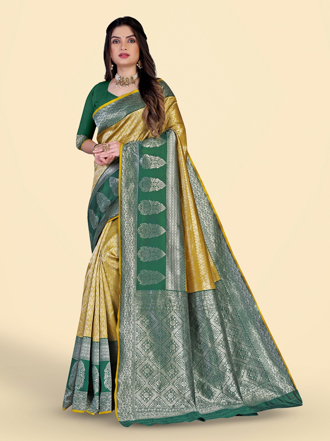N N ENTERPRISE Ethnic Motif Woven Design Zari Kanjeevaram Saree, Yellow