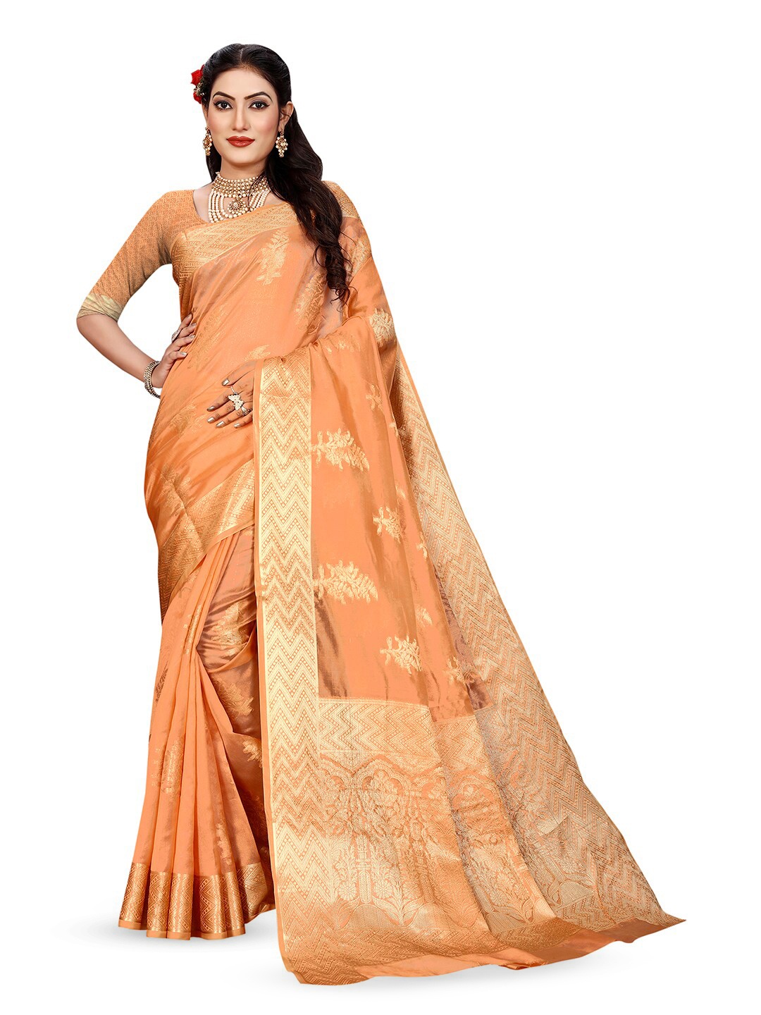 Pisara Ethnic Motifs Woven Design Organza Saree, Orange