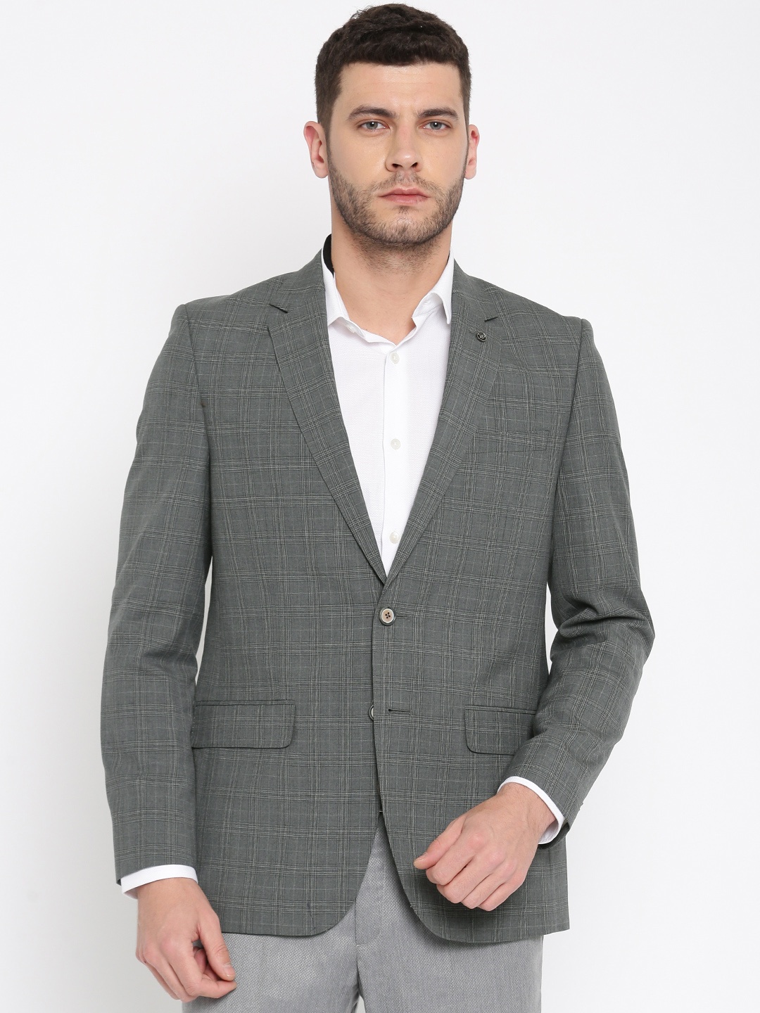 Raymond Grey Checked Tailored Contemporary Fit Single-Breasted Formal Blazer