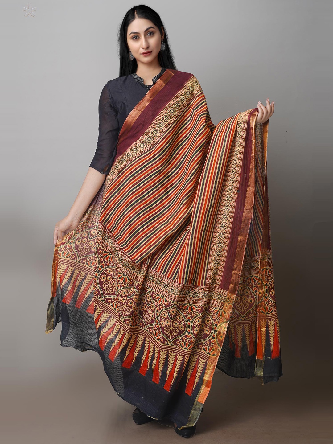 Unnati Silks Ethnic Motifs Printed Pure Cotton Dupatta, Red