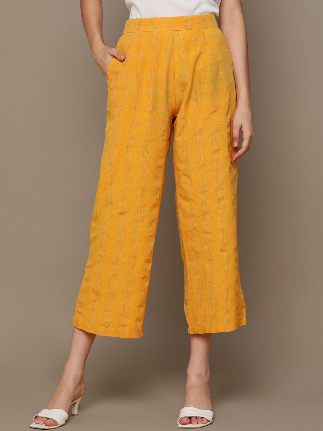 MALHAAR Women Self Design Cotton Parallel Trousers, Yellow
MALHAAR Women Self Design Cotton Parallel Trousers, Yellow
