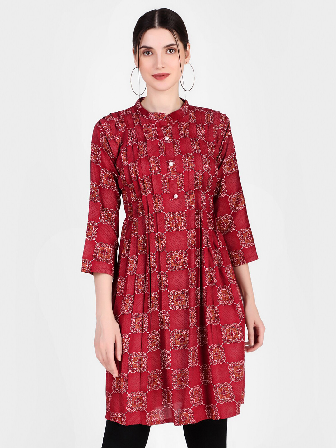 FNOCKS Ethnic Motifs Print Mandarin Collar Organic Cotton Pleated A-Line Kurti, Maroon
FNOCKS Ethnic Motifs Print Mandarin Collar Organic Cotton Pleated A-Line Kurti, Maroon