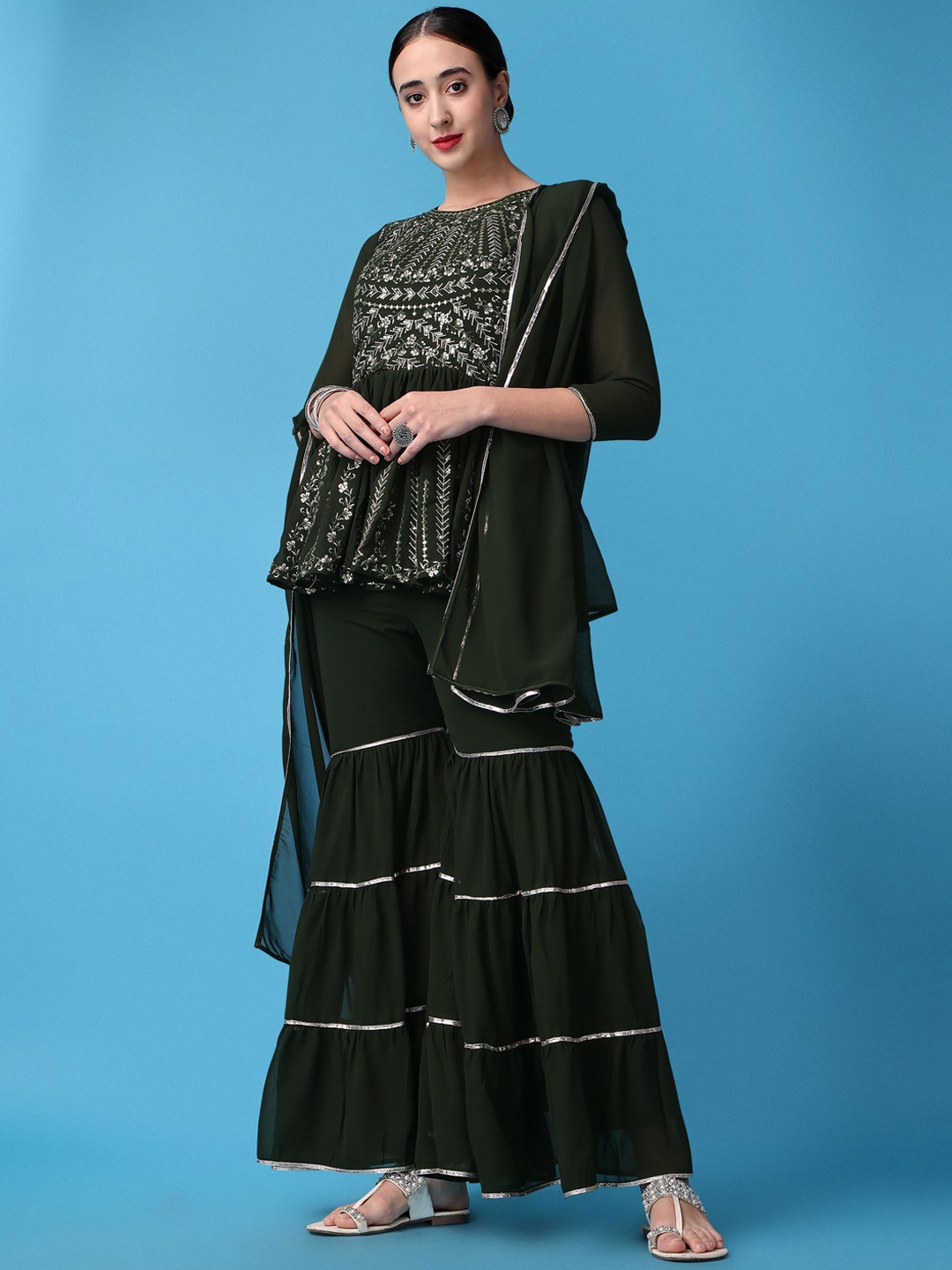 ASPORA Ethnic Motifs Embroidered Empire Silk Georgette Kurti with Sharara & Dupatta, Olive
ASPORA Ethnic Motifs Embroidered Empire Silk Georgette Kurti with Sharara & Dupatta, Olive